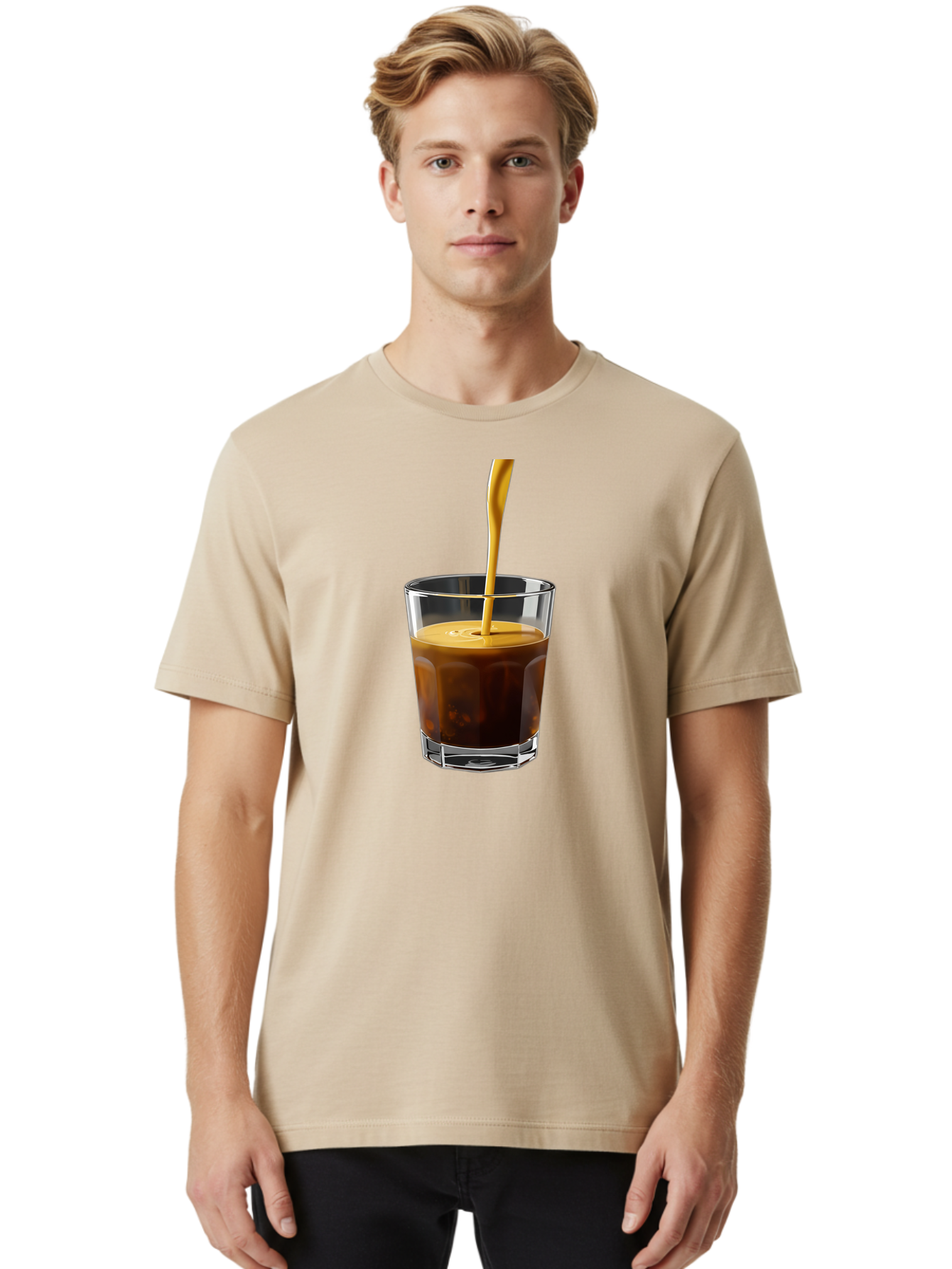 Coffee-In-Glass Men'S Graphic Tee, 100% Cotton, Comfortable Casual Summer Wear, Machine Washable, Coffee Being Poured, Espresso In A Glass, Coffee Drink, Creamy Texture, Rich Flavor, Coffee Lover, Morning Pick-Me-Up, Caffeine Fix Bab801