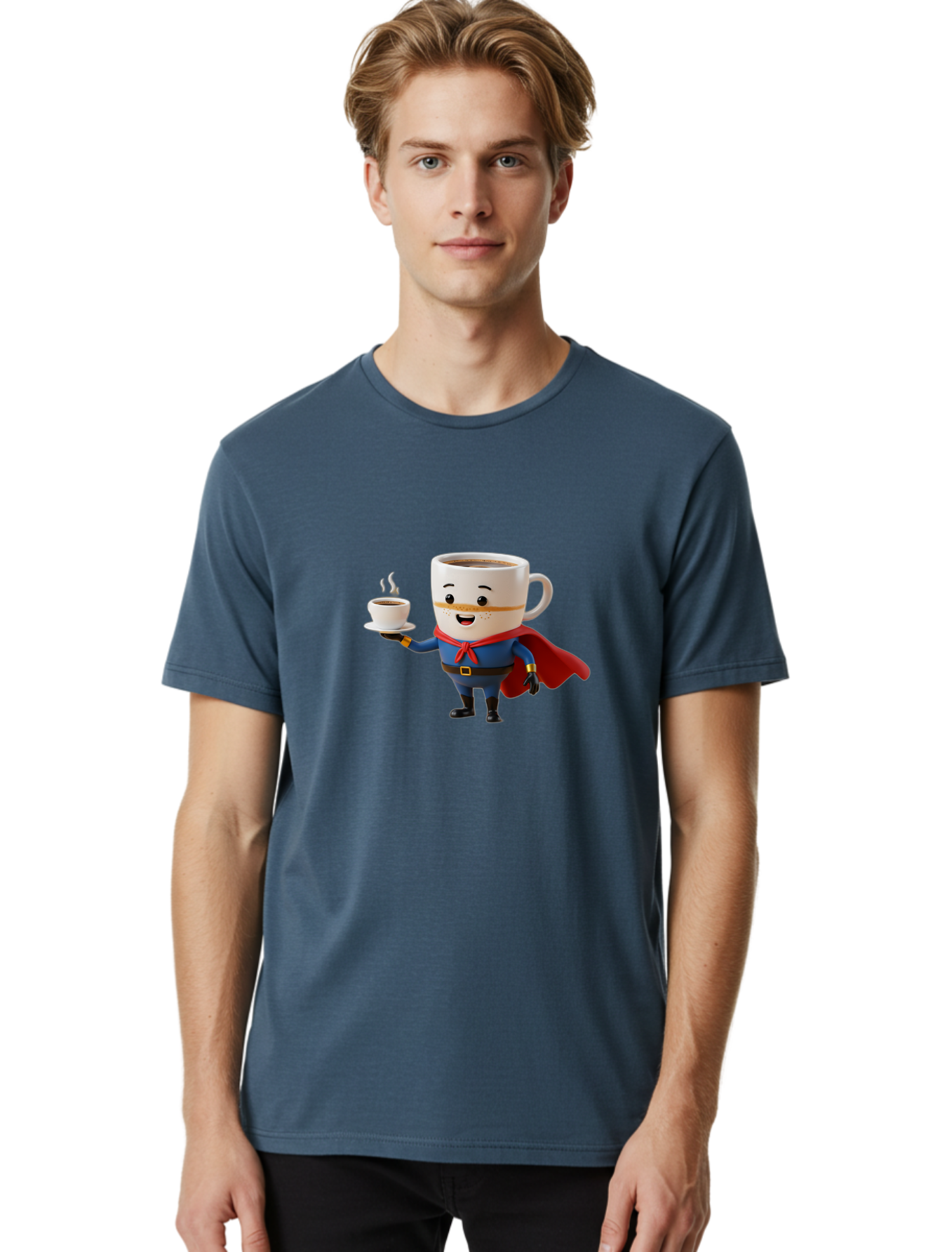 Coffee-Mug-Superhero Men'S Graphic Tee, 100% Cotton, Comfortable Casual Summer Wear, Machine Washable, Cartoon Coffee Mug, Superhero Outfit, Coffee Cup, Steaming Hot Coffee, Red Cape, Blue Uniform, Gold Accents, Quirky Character, Humor, Bab804