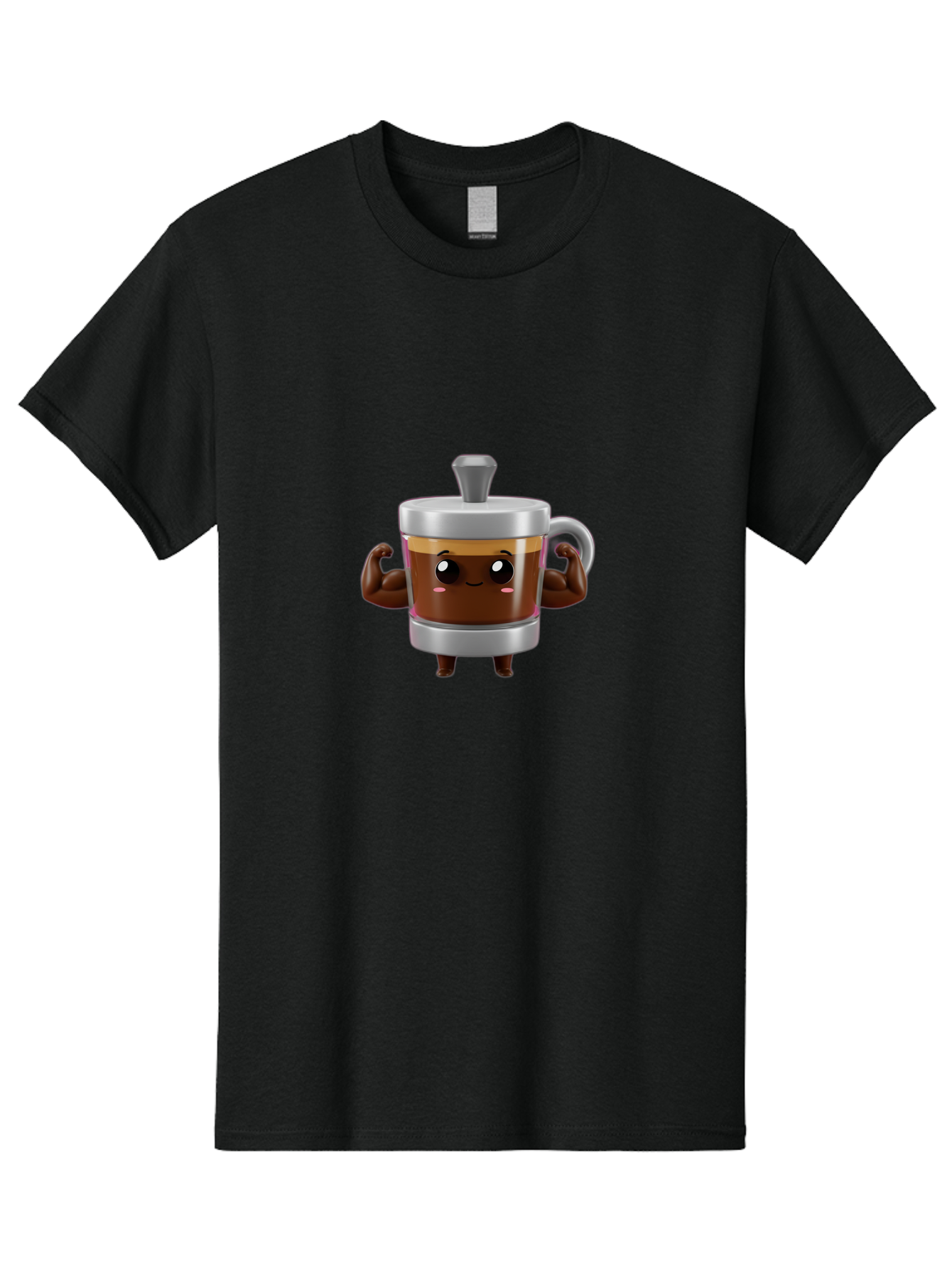 Coffee-Mug Men'S Graphic Tee, 100% Cotton, Comfortable Casual Summer Wear, Machine Washable, Cartoon Coffee Cup, Flexing Arms, Happy Face, Silver Lid, Brown Coffee, Espresso, Morning Pick-Me-Up, Caffeine Boost, Funny Character, 3D Illustration Bab805