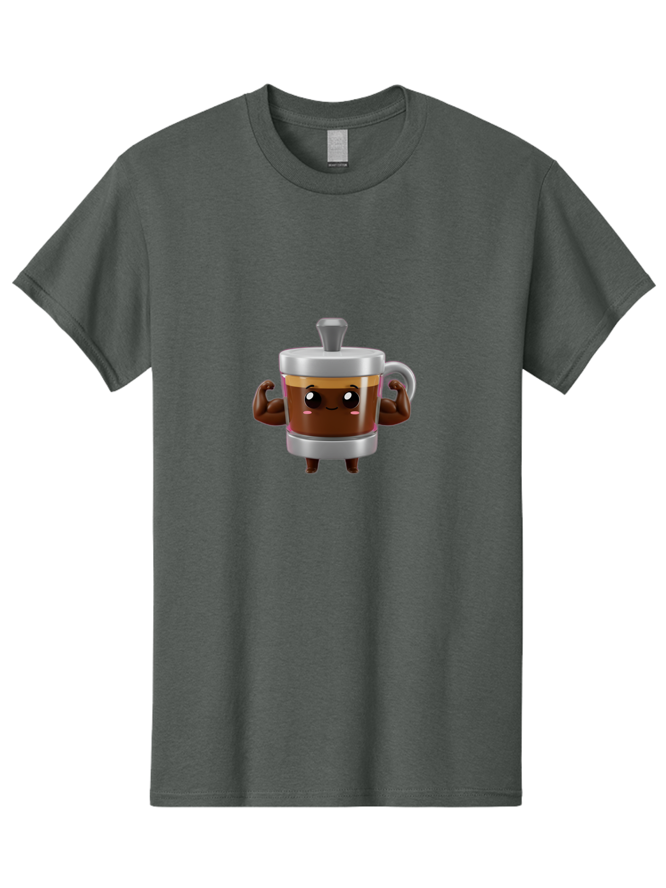Coffee-Mug Men'S Graphic Tee, 100% Cotton, Comfortable Casual Summer Wear, Machine Washable, Cartoon Coffee Cup, Flexing Arms, Happy Face, Silver Lid, Brown Coffee, Espresso, Morning Pick-Me-Up, Caffeine Boost, Funny Character, 3D Illustration Bab805
