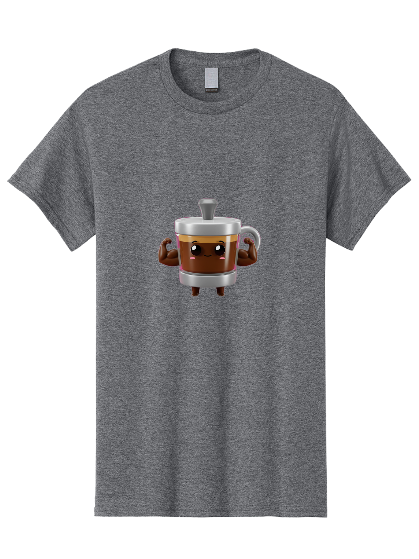 Coffee-Mug Men'S Graphic Tee, 100% Cotton, Comfortable Casual Summer Wear, Machine Washable, Cartoon Coffee Cup, Flexing Arms, Happy Face, Silver Lid, Brown Coffee, Espresso, Morning Pick-Me-Up, Caffeine Boost, Funny Character, 3D Illustration Bab805