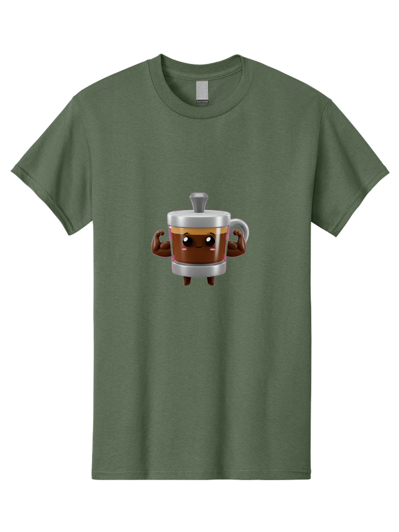 Coffee-Mug Men'S Graphic Tee, 100% Cotton, Comfortable Casual Summer Wear, Machine Washable, Cartoon Coffee Cup, Flexing Arms, Happy Face, Silver Lid, Brown Coffee, Espresso, Morning Pick-Me-Up, Caffeine Boost, Funny Character, 3D Illustration Bab805