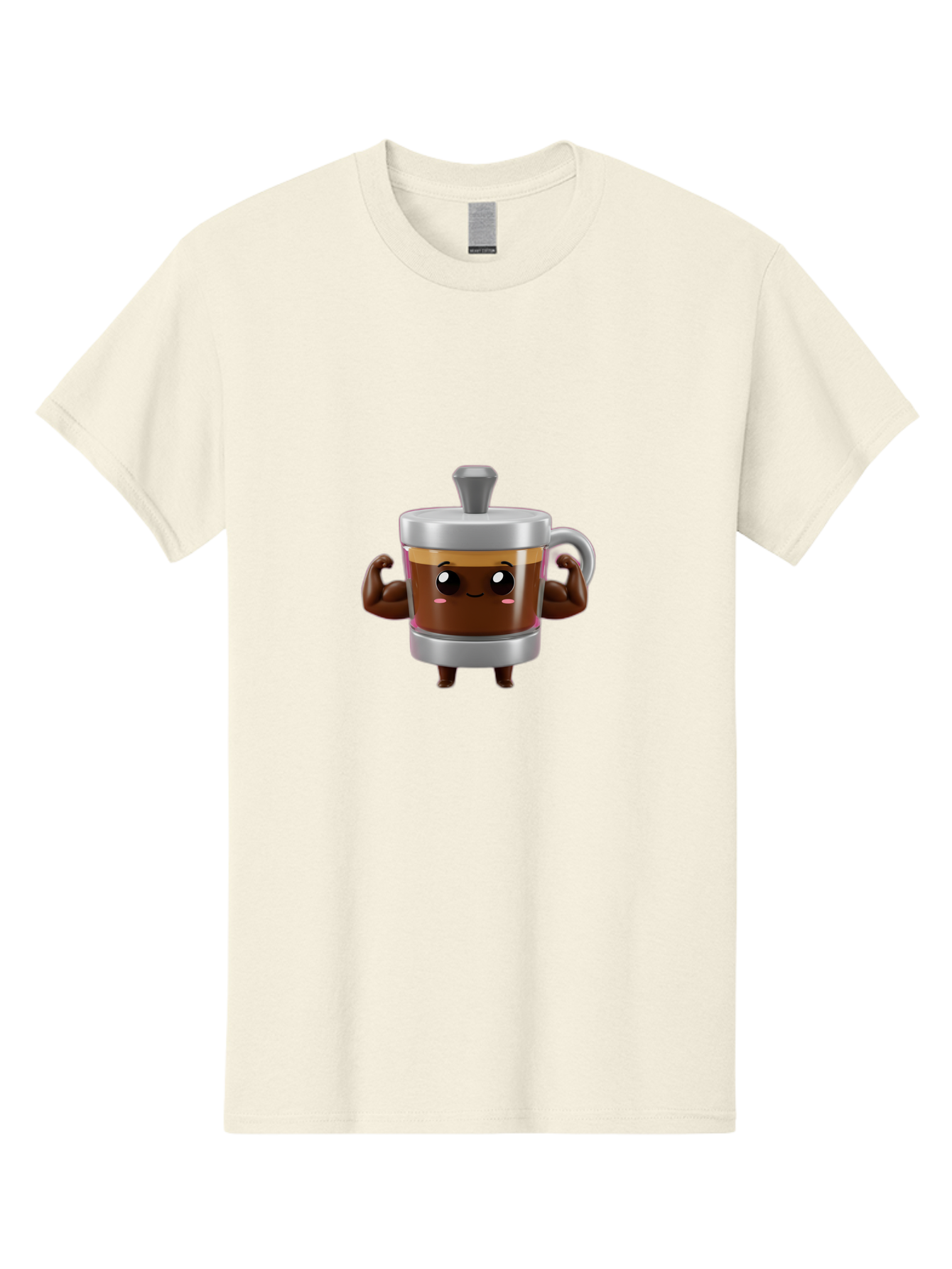 Coffee-Mug Men'S Graphic Tee, 100% Cotton, Comfortable Casual Summer Wear, Machine Washable, Cartoon Coffee Cup, Flexing Arms, Happy Face, Silver Lid, Brown Coffee, Espresso, Morning Pick-Me-Up, Caffeine Boost, Funny Character, 3D Illustration Bab805