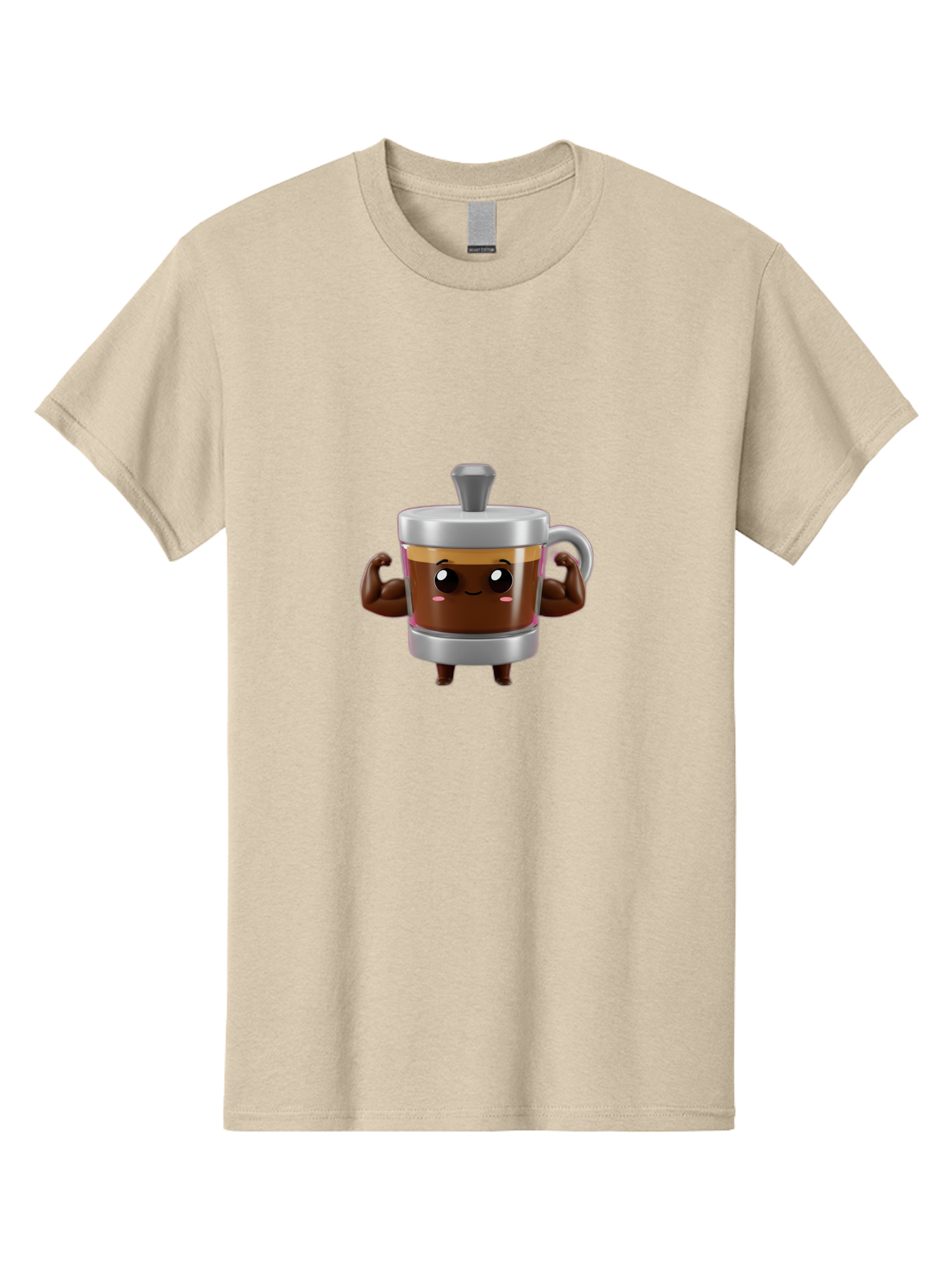 Coffee-Mug Men'S Graphic Tee, 100% Cotton, Comfortable Casual Summer Wear, Machine Washable, Cartoon Coffee Cup, Flexing Arms, Happy Face, Silver Lid, Brown Coffee, Espresso, Morning Pick-Me-Up, Caffeine Boost, Funny Character, 3D Illustration Bab805