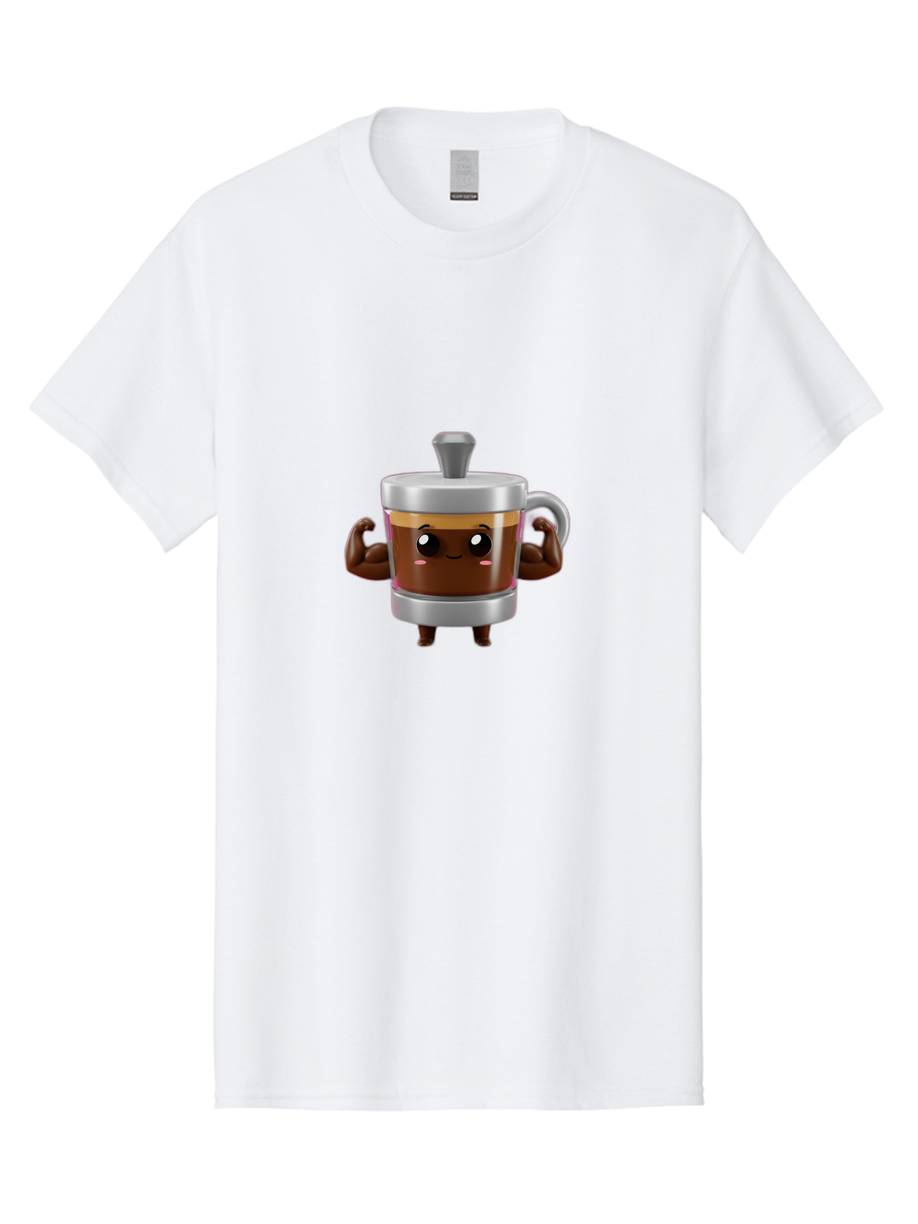 Coffee-Mug Men'S Graphic Tee, 100% Cotton, Comfortable Casual Summer Wear, Machine Washable, Cartoon Coffee Cup, Flexing Arms, Happy Face, Silver Lid, Brown Coffee, Espresso, Morning Pick-Me-Up, Caffeine Boost, Funny Character, 3D Illustration Bab805