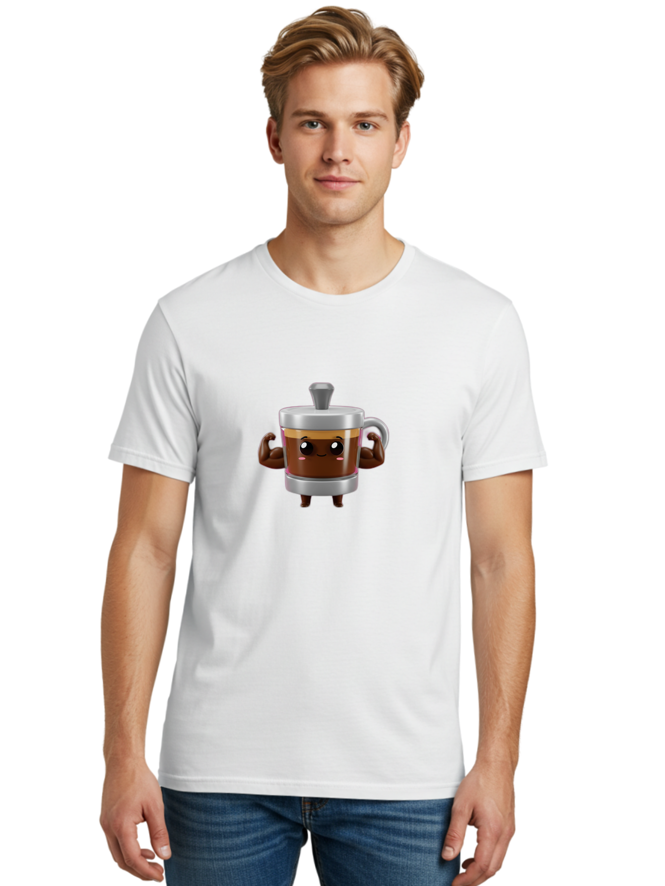 Coffee-Mug Men'S Graphic Tee, 100% Cotton, Comfortable Casual Summer Wear, Machine Washable, Cartoon Coffee Cup, Flexing Arms, Happy Face, Silver Lid, Brown Coffee, Espresso, Morning Pick-Me-Up, Caffeine Boost, Funny Character, 3D Illustration Bab805