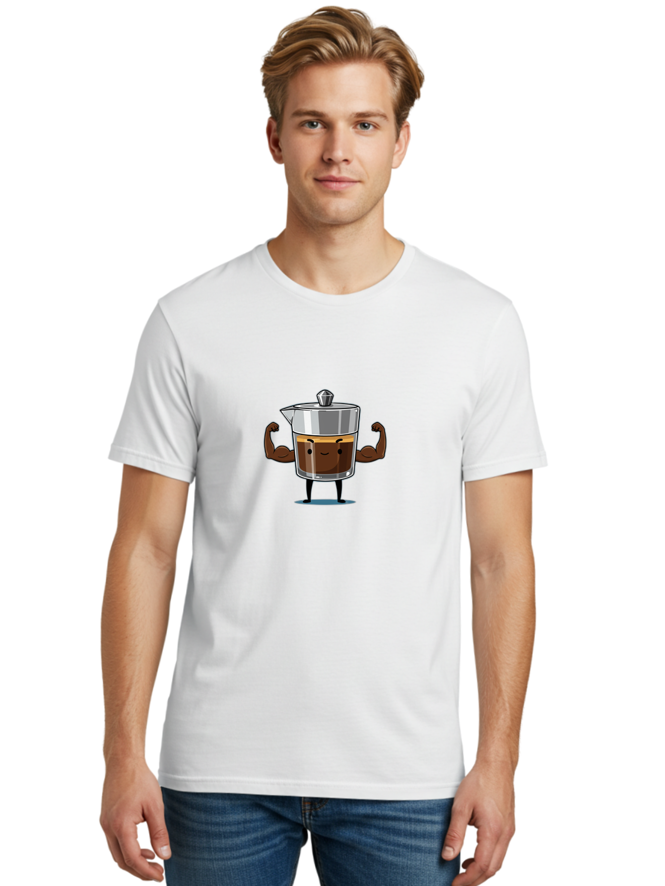 Coffee-Pot Men'S Graphic Tee, 100% Cotton, Comfortable Casual Summer Wear, Machine Washable, Coffee Pot Character, Flexing Arms, Strong Coffee, Cartoon Coffee, Humorous Design, Coffee Humor, Funny Coffee, Coffee Love, Morning Coffee Bab806
