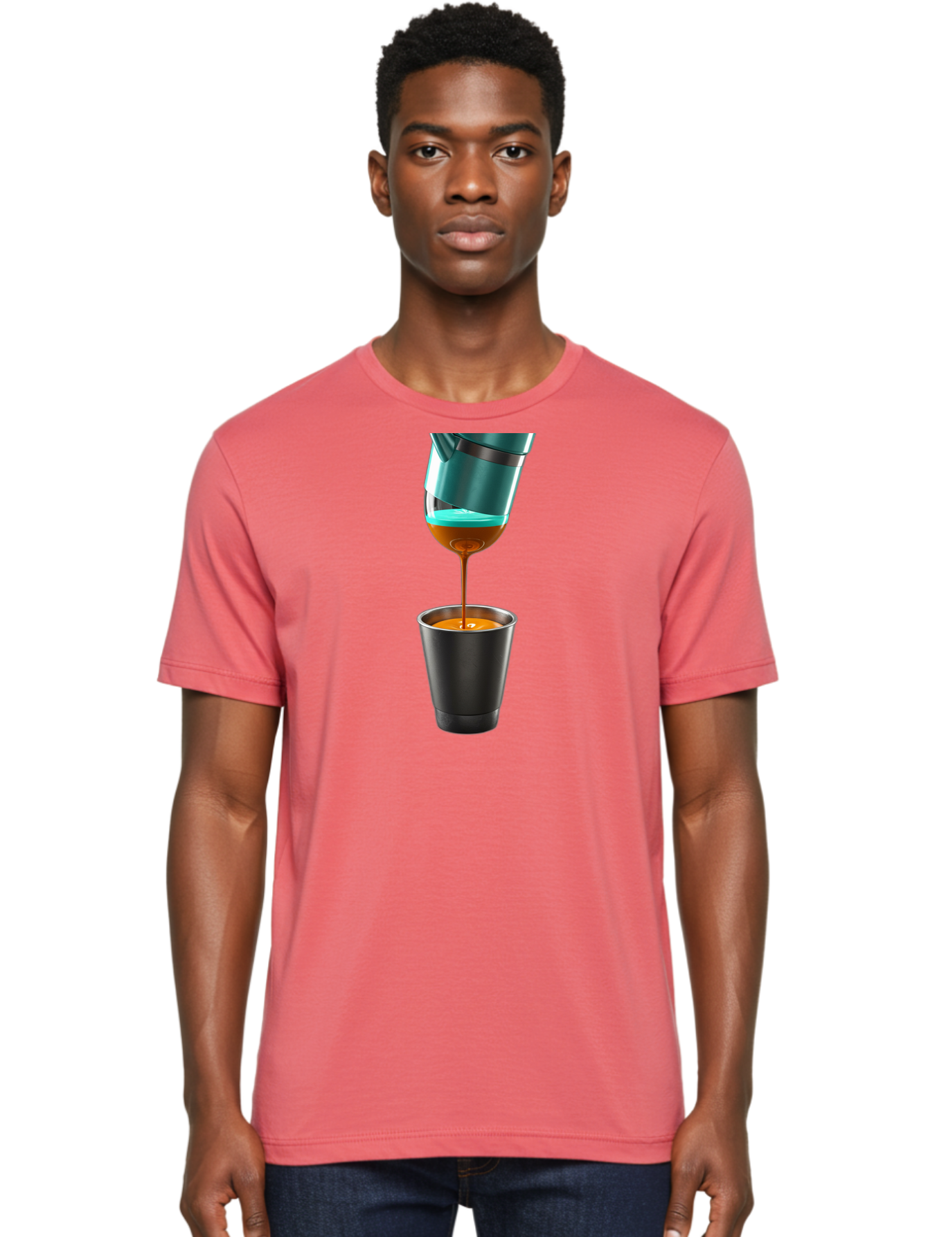 Coffee-Pouring Men'S Graphic Tee, 100% Cotton, Comfortable Casual Summer Wear, Machine Washable, Espresso Being Poured, Coffee Machine, Dark Brown Liquid, Small Black Cup, Crema On Top, Coffee Lover, Morning Routine, Espresso Shot Bab807
