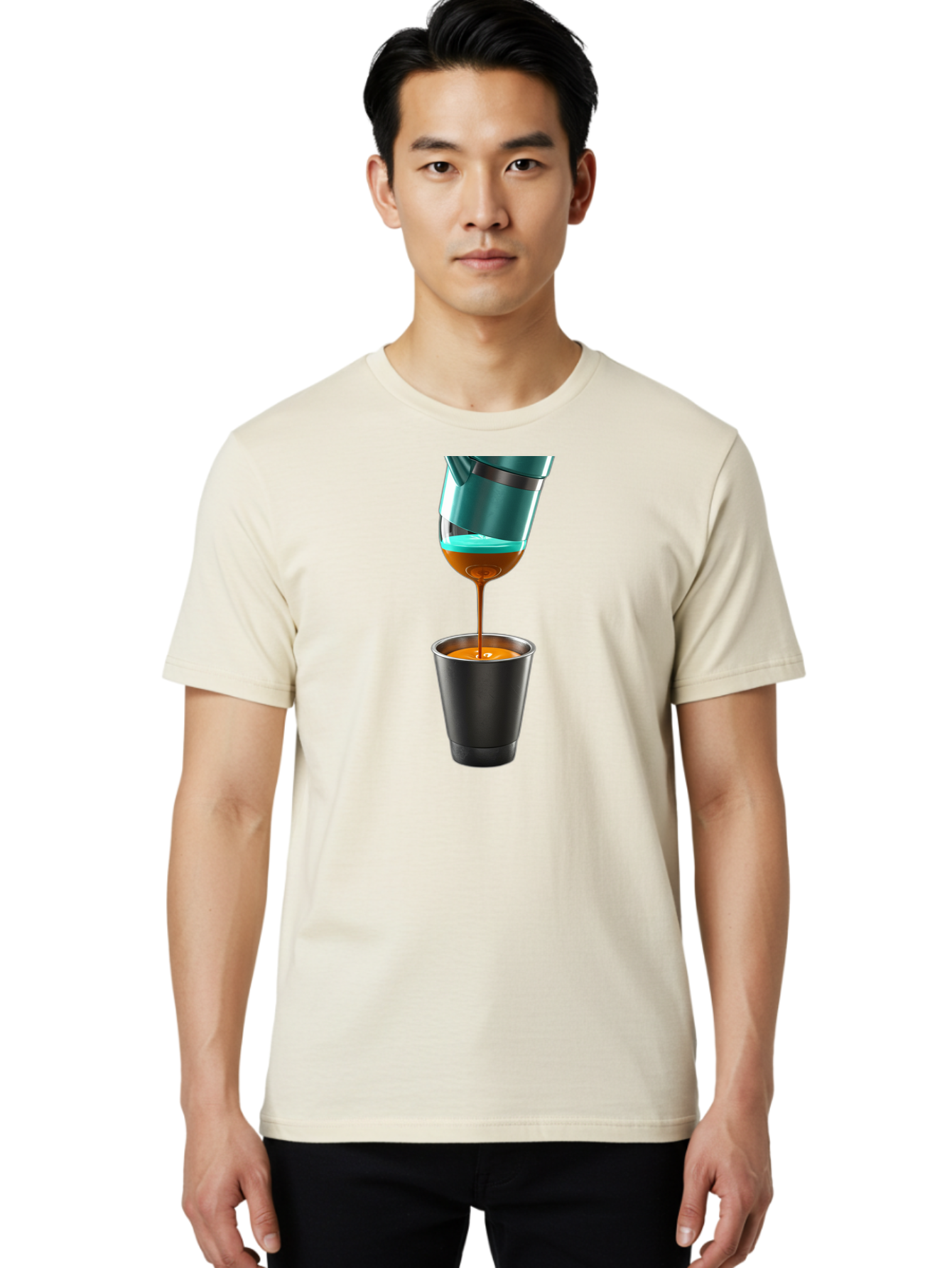 Coffee-Pouring Men'S Graphic Tee, 100% Cotton, Comfortable Casual Summer Wear, Machine Washable, Espresso Being Poured, Coffee Machine, Dark Brown Liquid, Small Black Cup, Crema On Top, Coffee Lover, Morning Routine, Espresso Shot Bab807