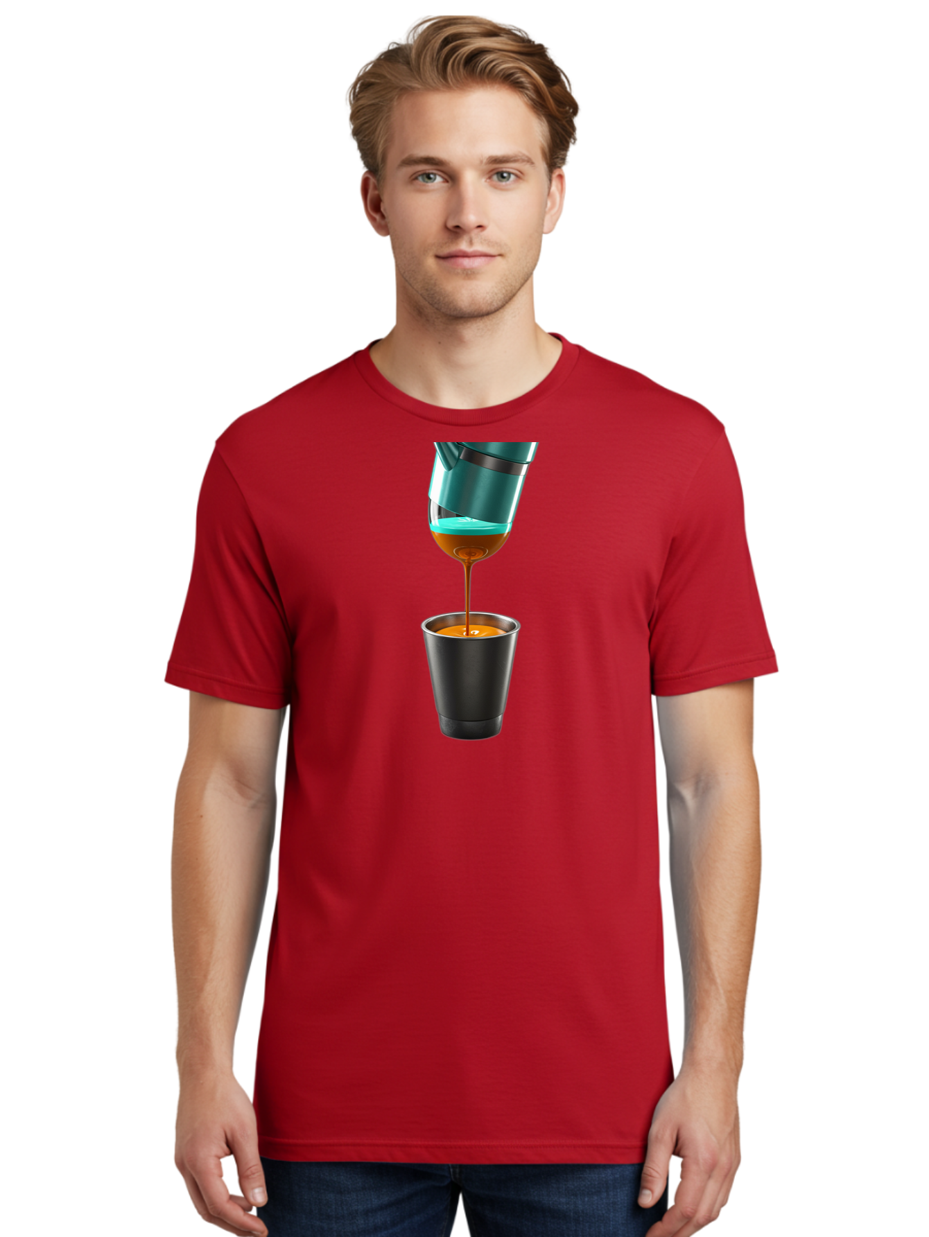 Coffee-Pouring Men'S Graphic Tee, 100% Cotton, Comfortable Casual Summer Wear, Machine Washable, Espresso Being Poured, Coffee Machine, Dark Brown Liquid, Small Black Cup, Crema On Top, Coffee Lover, Morning Routine, Espresso Shot Bab807