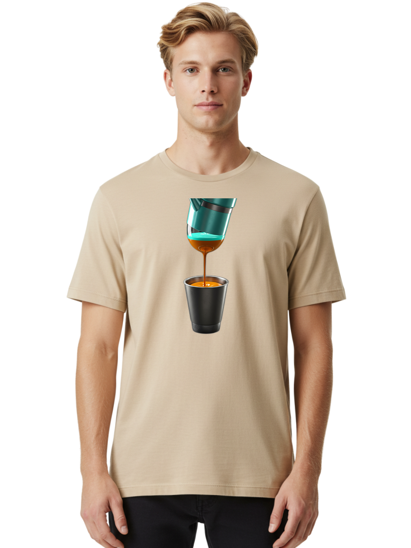 Coffee-Pouring Men'S Graphic Tee, 100% Cotton, Comfortable Casual Summer Wear, Machine Washable, Espresso Being Poured, Coffee Machine, Dark Brown Liquid, Small Black Cup, Crema On Top, Coffee Lover, Morning Routine, Espresso Shot Bab807