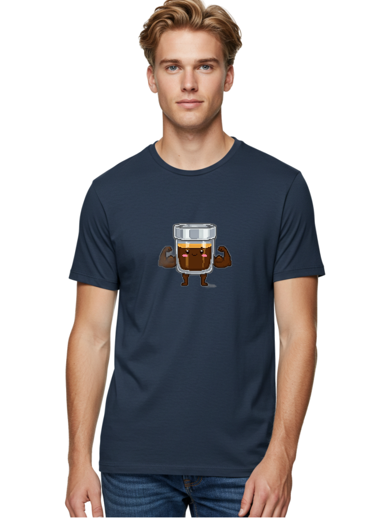 Cold-Brew Men'S Graphic Tee, 100% Cotton, Comfortable Casual Summer Wear, Machine Washable, Flexible Coffee, Coffee In A Jar, Caffeine Boost, Cartoon Character, Strong And Fit, Humorous Illustration, Pixel Art Bab809
