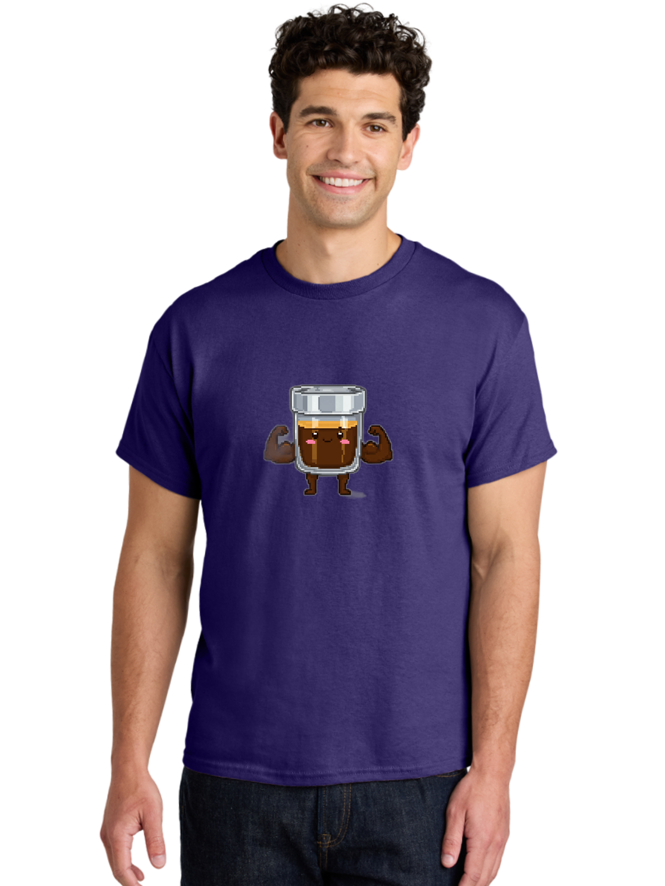 Cold-Brew Men'S Graphic Tee, 100% Cotton, Comfortable Casual Summer Wear, Machine Washable, Flexible Coffee, Coffee In A Jar, Caffeine Boost, Cartoon Character, Strong And Fit, Humorous Illustration, Pixel Art Bab809