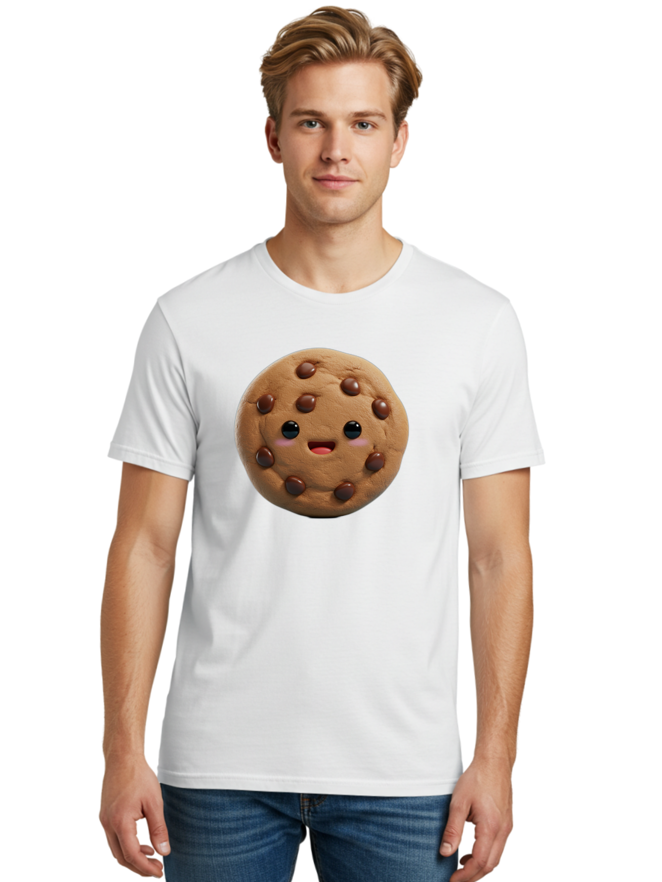 Cookie Men'S Graphic Tee, 100% Cotton, Comfortable Casual Summer Wear, Machine Washable, Chocolate Chip Cookie, Cartoon Cookie, Cookie Character, Cookie Face, Cute Cookie, Cookie Smile, Cookie Eyes, Cookie Mouth, Chocolate Chips Bab811