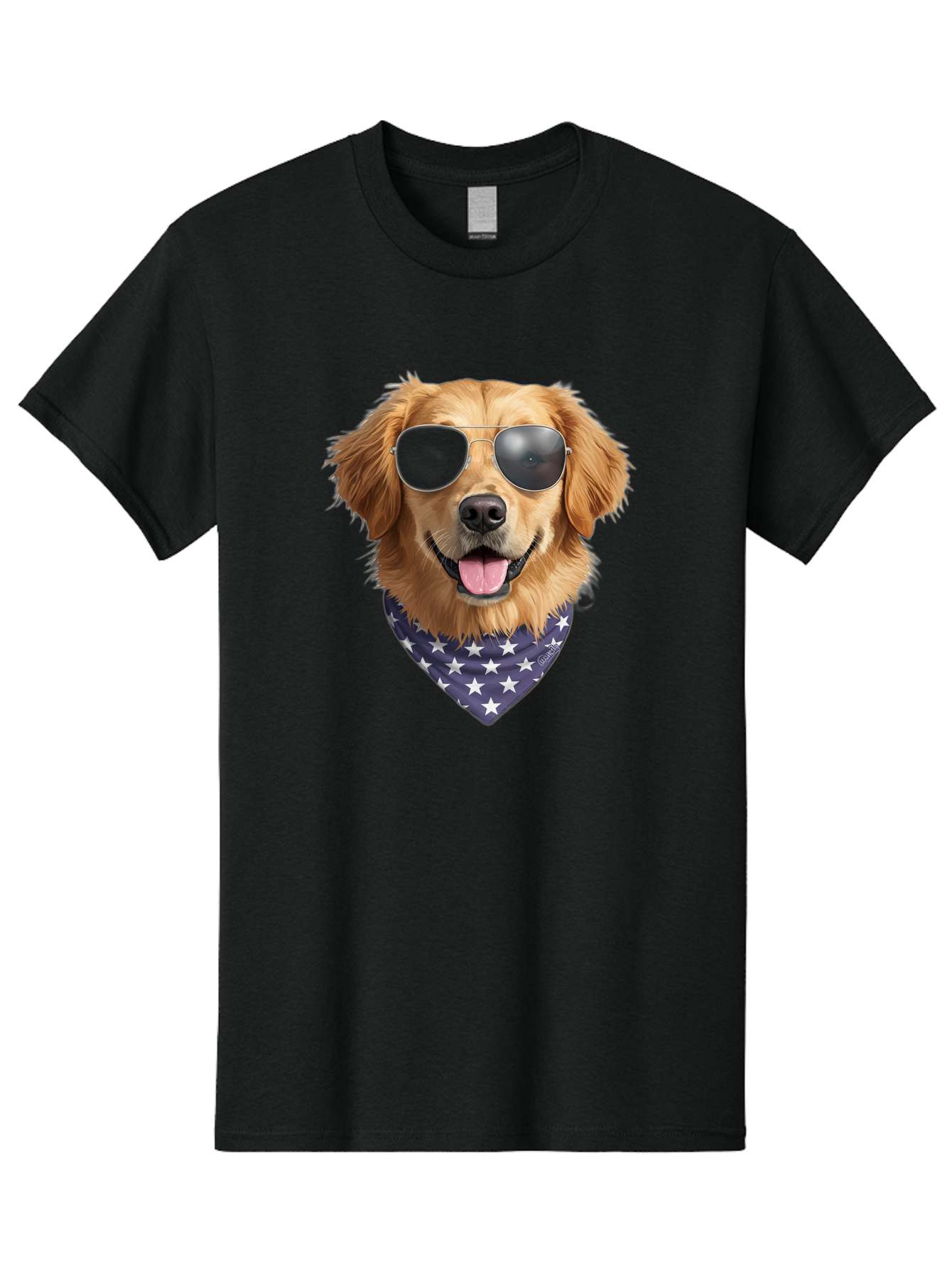 Cool-Dog-1 Men'S Graphic Tee, 100% Cotton, Comfortable Casual Summer Wear, Machine Washable, Funny Dog, Golden Retriever, Sunglasses, Patriotic Bandana, White Stars, Cool Canine, Dog Portrait, Stylish Pet, Playful Pup, American Flag Style Bab812