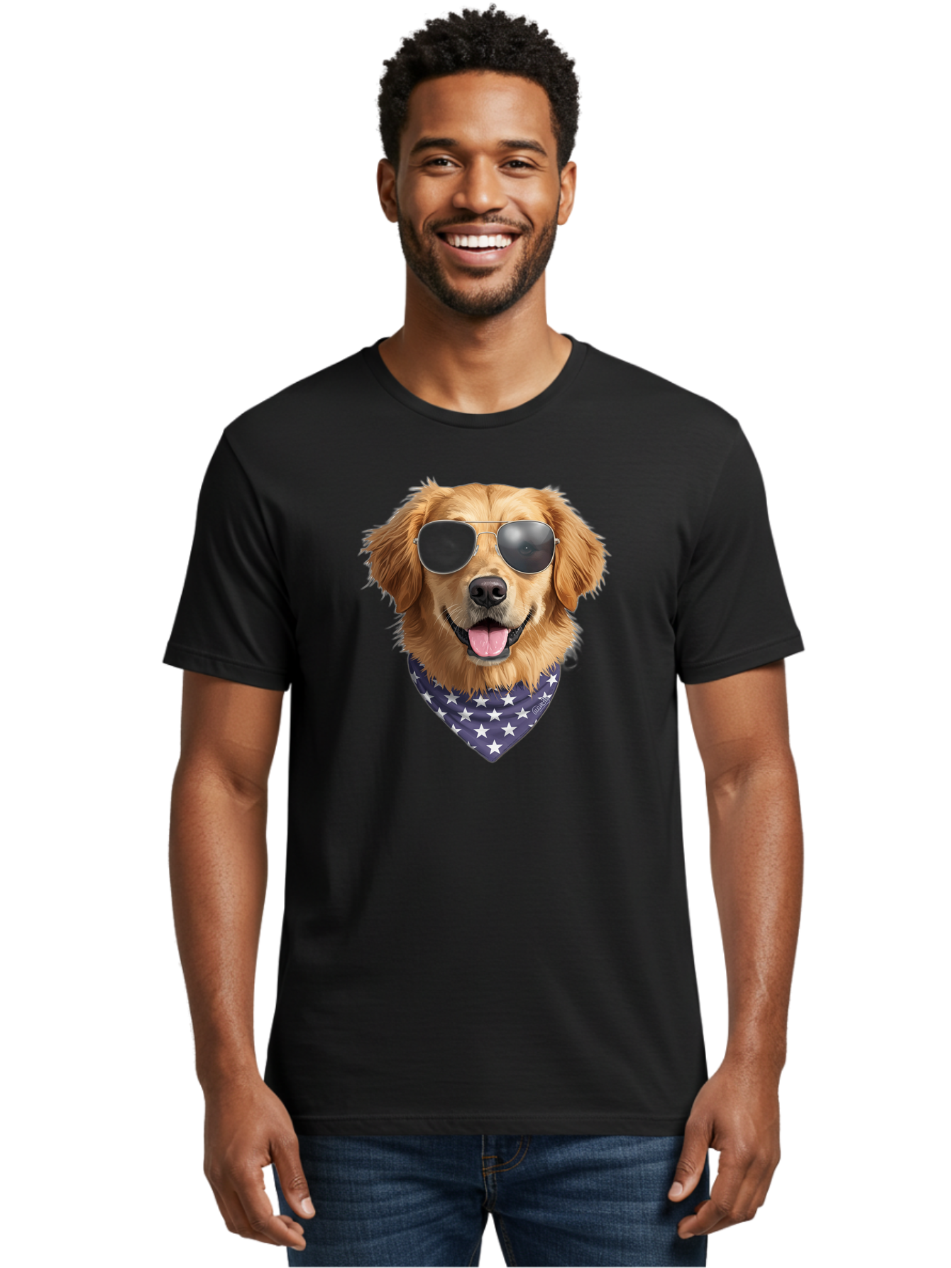 Cool-Dog-1 Men'S Graphic Tee, 100% Cotton, Comfortable Casual Summer Wear, Machine Washable, Funny Dog, Golden Retriever, Sunglasses, Patriotic Bandana, White Stars, Cool Canine, Dog Portrait, Stylish Pet, Playful Pup, American Flag Style Bab812