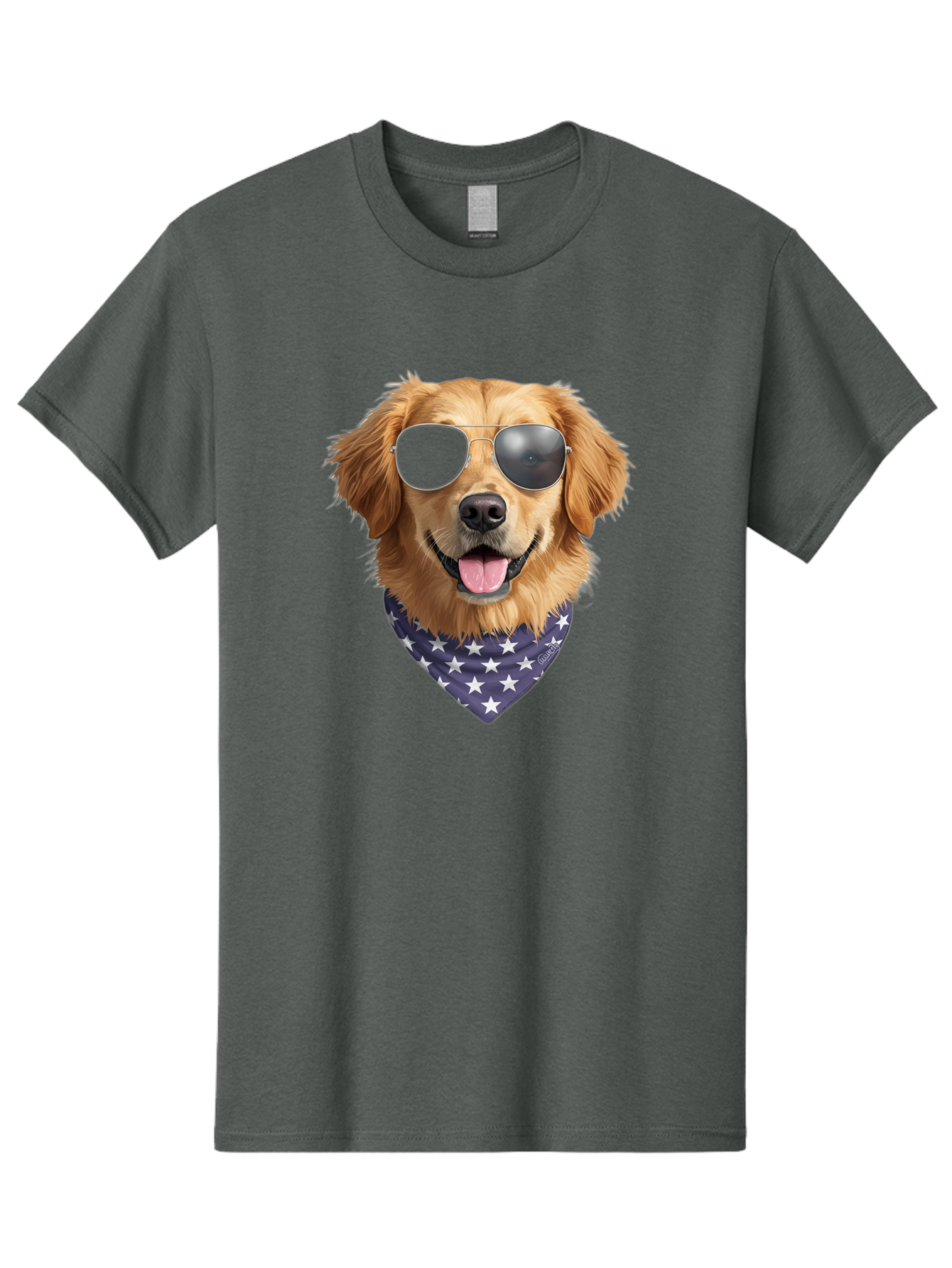 Cool-Dog-1 Men'S Graphic Tee, 100% Cotton, Comfortable Casual Summer Wear, Machine Washable, Funny Dog, Golden Retriever, Sunglasses, Patriotic Bandana, White Stars, Cool Canine, Dog Portrait, Stylish Pet, Playful Pup, American Flag Style Bab812