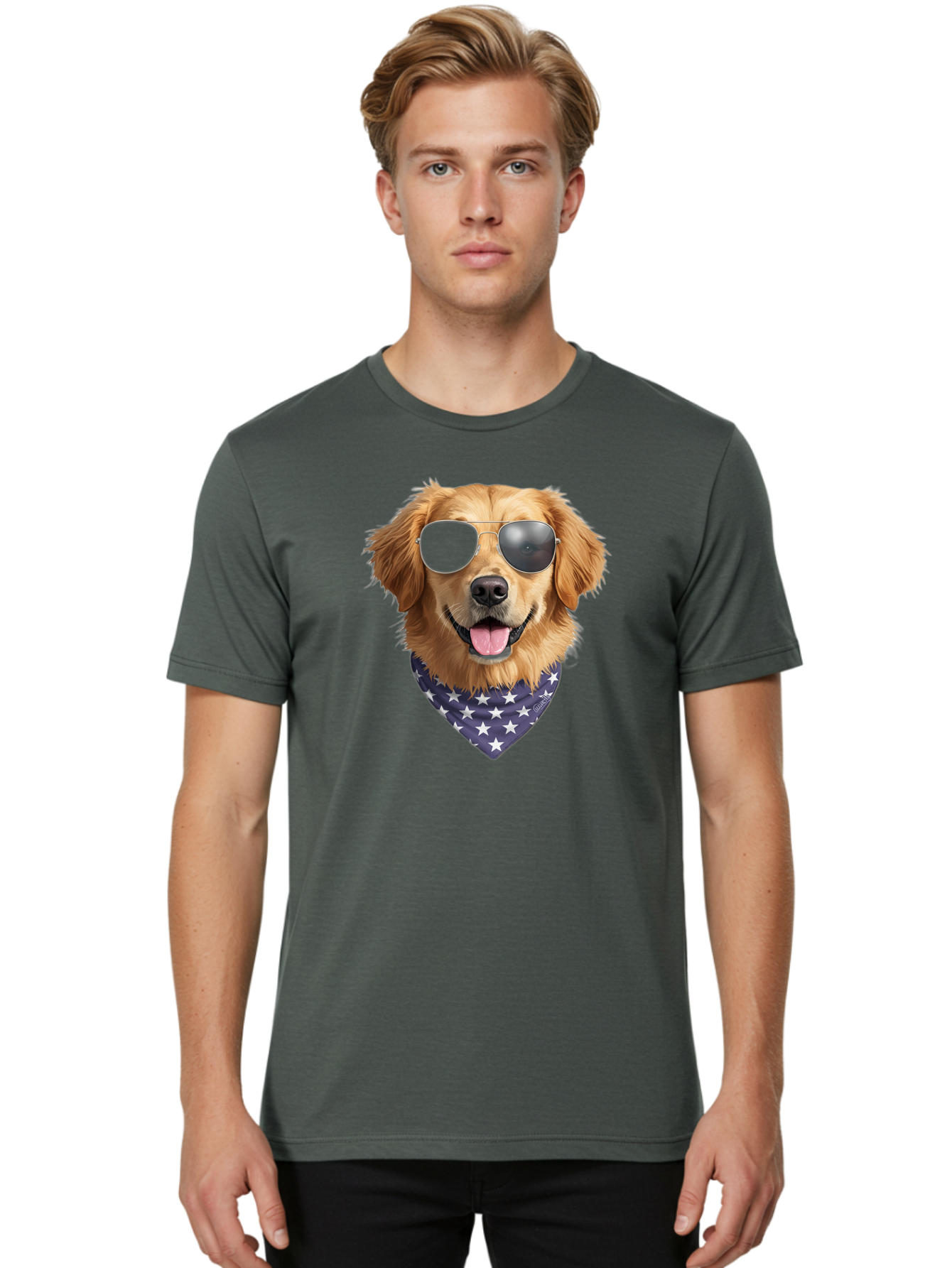 Cool-Dog-1 Men'S Graphic Tee, 100% Cotton, Comfortable Casual Summer Wear, Machine Washable, Funny Dog, Golden Retriever, Sunglasses, Patriotic Bandana, White Stars, Cool Canine, Dog Portrait, Stylish Pet, Playful Pup, American Flag Style Bab812