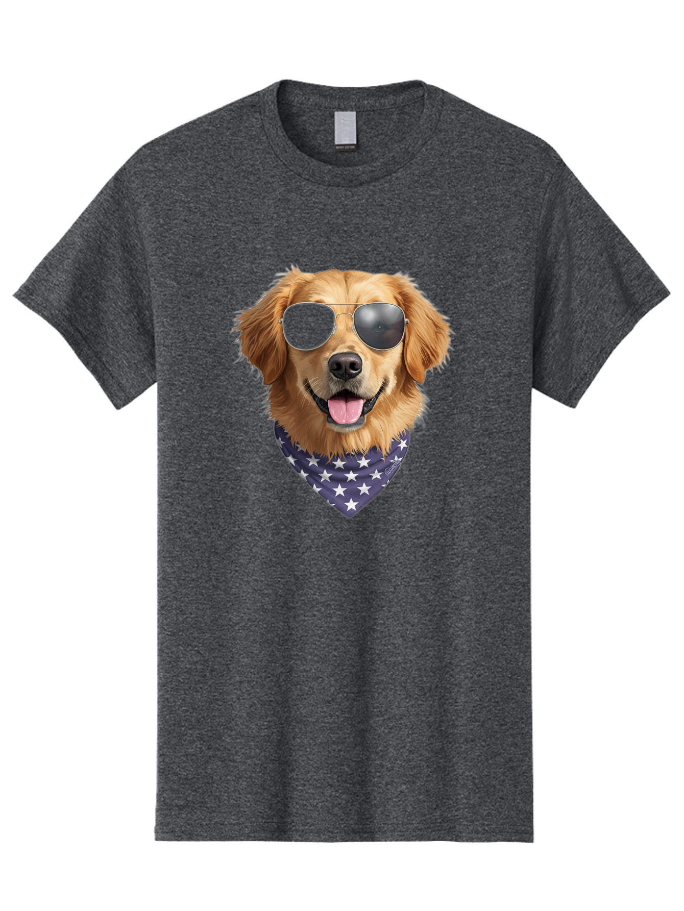 Cool-Dog-1 Men'S Graphic Tee, 100% Cotton, Comfortable Casual Summer Wear, Machine Washable, Funny Dog, Golden Retriever, Sunglasses, Patriotic Bandana, White Stars, Cool Canine, Dog Portrait, Stylish Pet, Playful Pup, American Flag Style Bab812