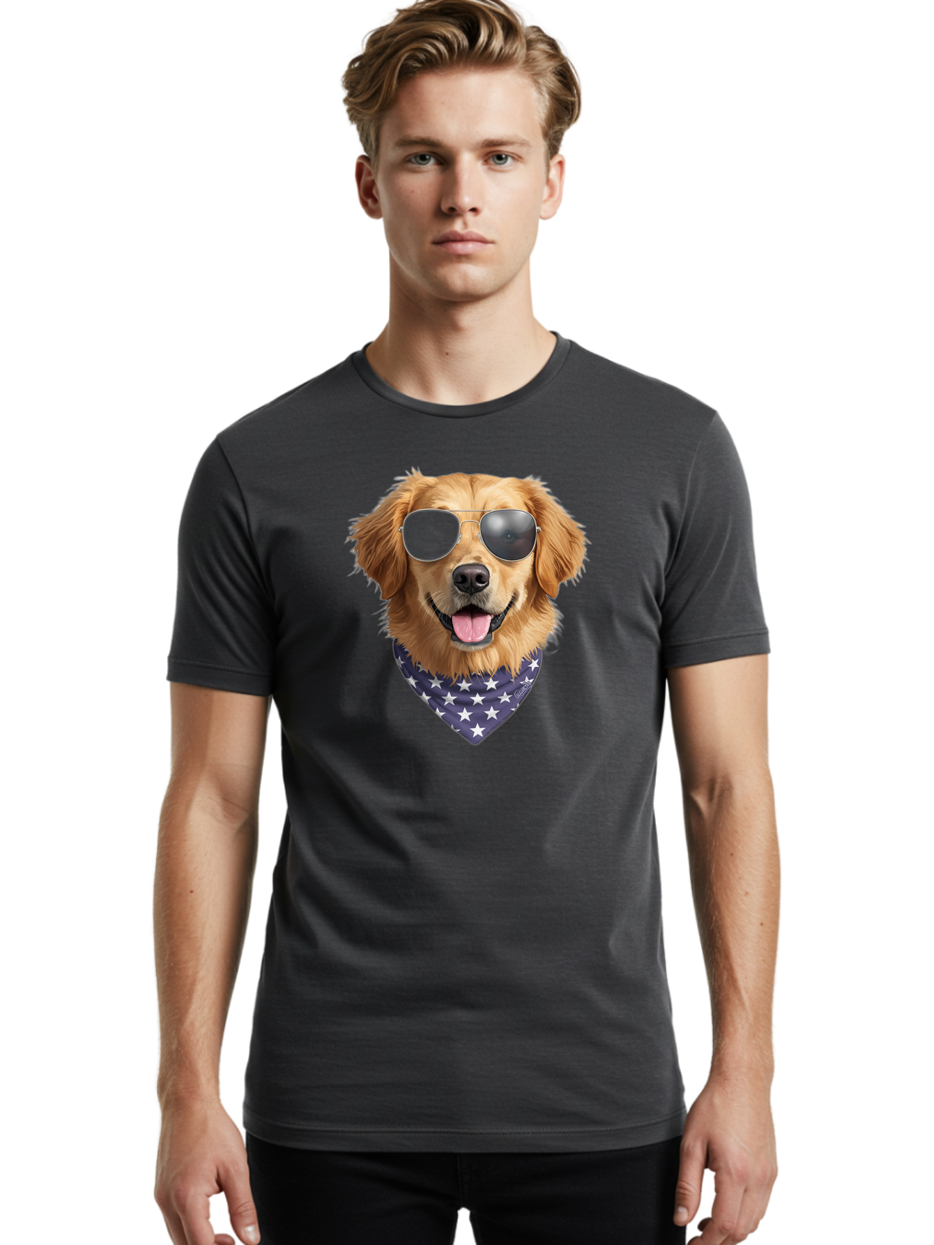 Cool-Dog-1 Men'S Graphic Tee, 100% Cotton, Comfortable Casual Summer Wear, Machine Washable, Funny Dog, Golden Retriever, Sunglasses, Patriotic Bandana, White Stars, Cool Canine, Dog Portrait, Stylish Pet, Playful Pup, American Flag Style Bab812