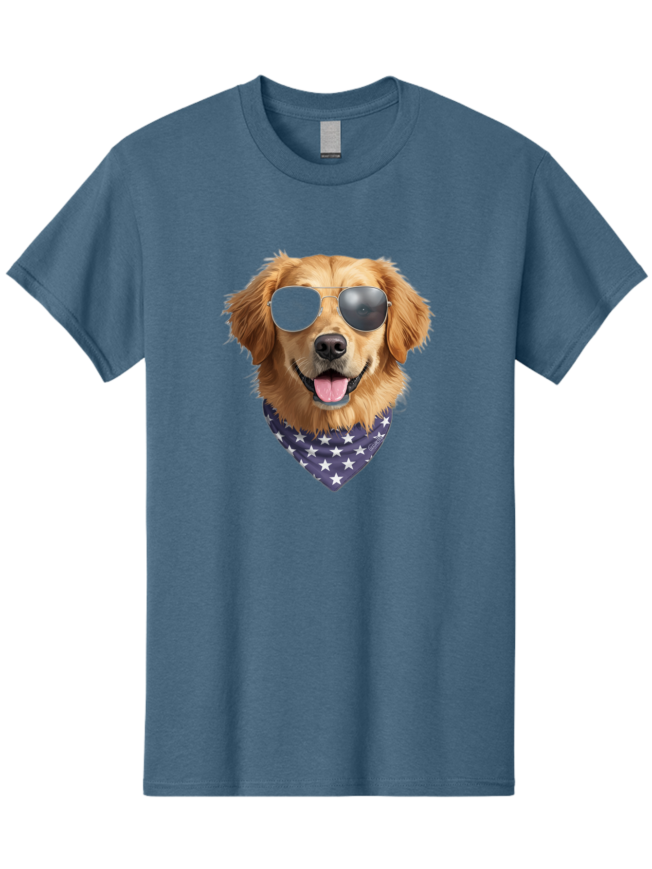 Cool-Dog-1 Men'S Graphic Tee, 100% Cotton, Comfortable Casual Summer Wear, Machine Washable, Funny Dog, Golden Retriever, Sunglasses, Patriotic Bandana, White Stars, Cool Canine, Dog Portrait, Stylish Pet, Playful Pup, American Flag Style Bab812