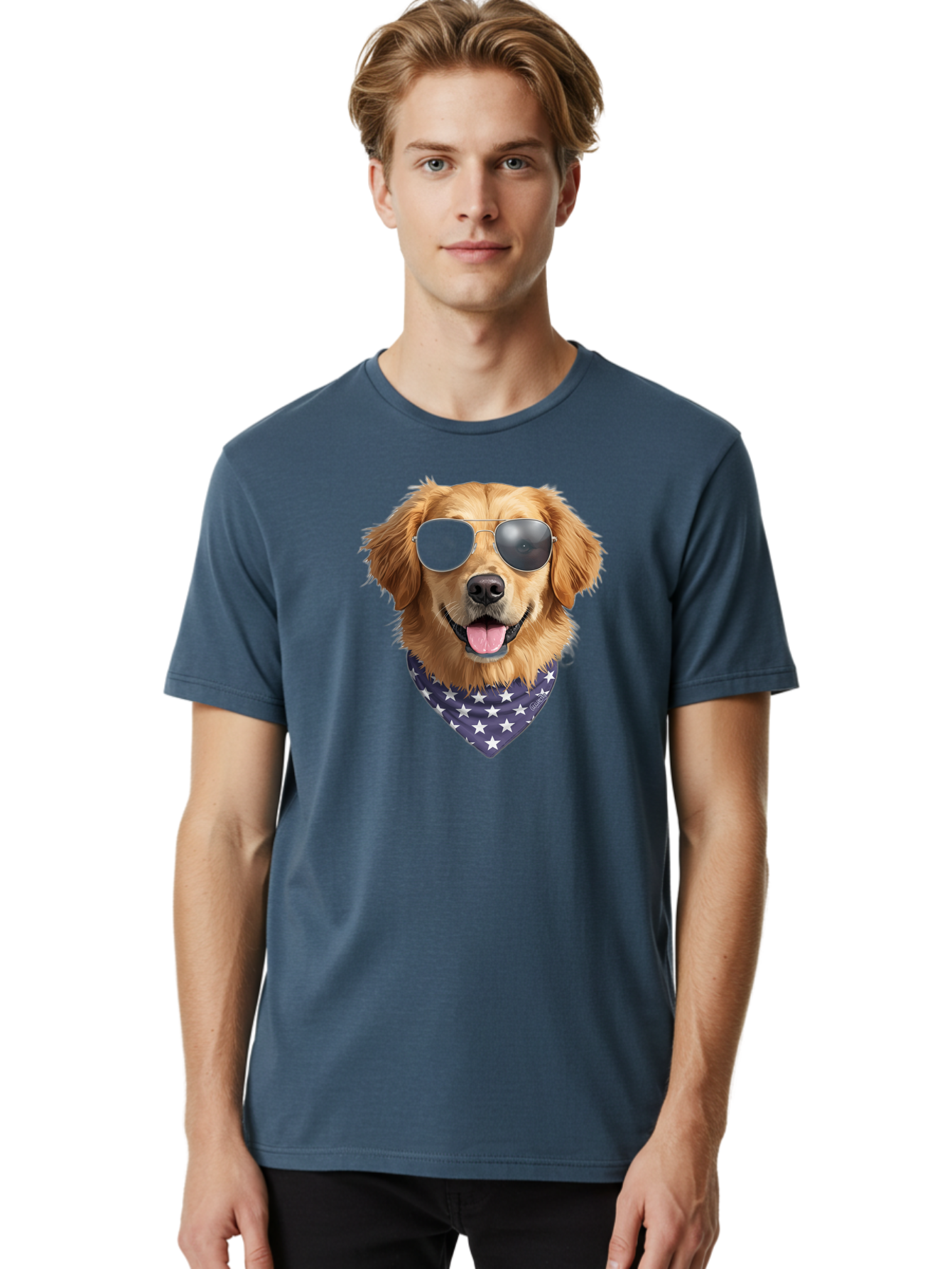 Cool-Dog-1 Men'S Graphic Tee, 100% Cotton, Comfortable Casual Summer Wear, Machine Washable, Funny Dog, Golden Retriever, Sunglasses, Patriotic Bandana, White Stars, Cool Canine, Dog Portrait, Stylish Pet, Playful Pup, American Flag Style Bab812