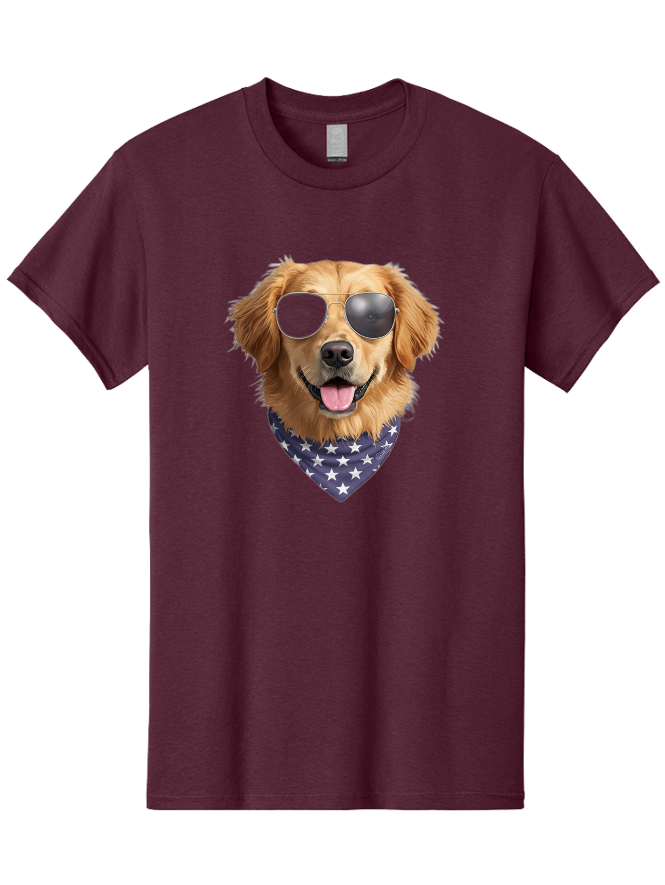 Cool-Dog-1 Men'S Graphic Tee, 100% Cotton, Comfortable Casual Summer Wear, Machine Washable, Funny Dog, Golden Retriever, Sunglasses, Patriotic Bandana, White Stars, Cool Canine, Dog Portrait, Stylish Pet, Playful Pup, American Flag Style Bab812