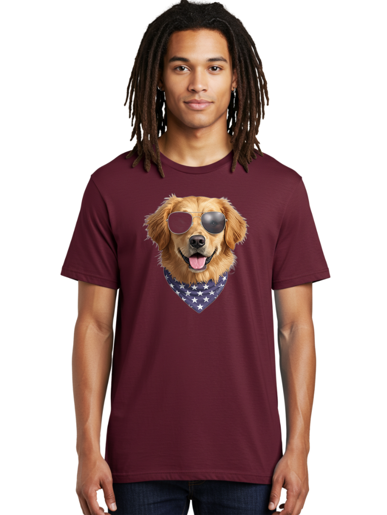 Cool-Dog-1 Men'S Graphic Tee, 100% Cotton, Comfortable Casual Summer Wear, Machine Washable, Funny Dog, Golden Retriever, Sunglasses, Patriotic Bandana, White Stars, Cool Canine, Dog Portrait, Stylish Pet, Playful Pup, American Flag Style Bab812