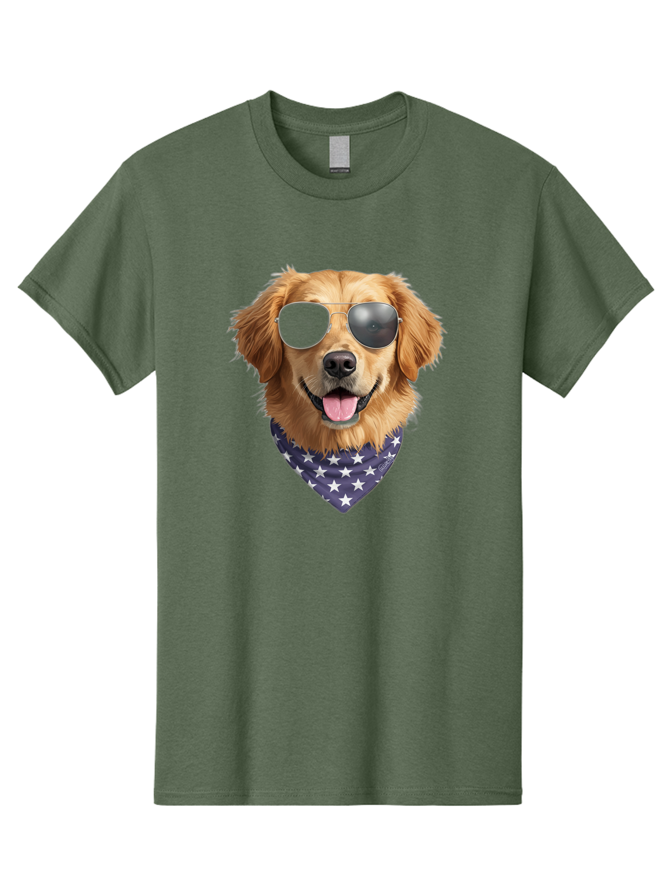 Cool-Dog-1 Men'S Graphic Tee, 100% Cotton, Comfortable Casual Summer Wear, Machine Washable, Funny Dog, Golden Retriever, Sunglasses, Patriotic Bandana, White Stars, Cool Canine, Dog Portrait, Stylish Pet, Playful Pup, American Flag Style Bab812