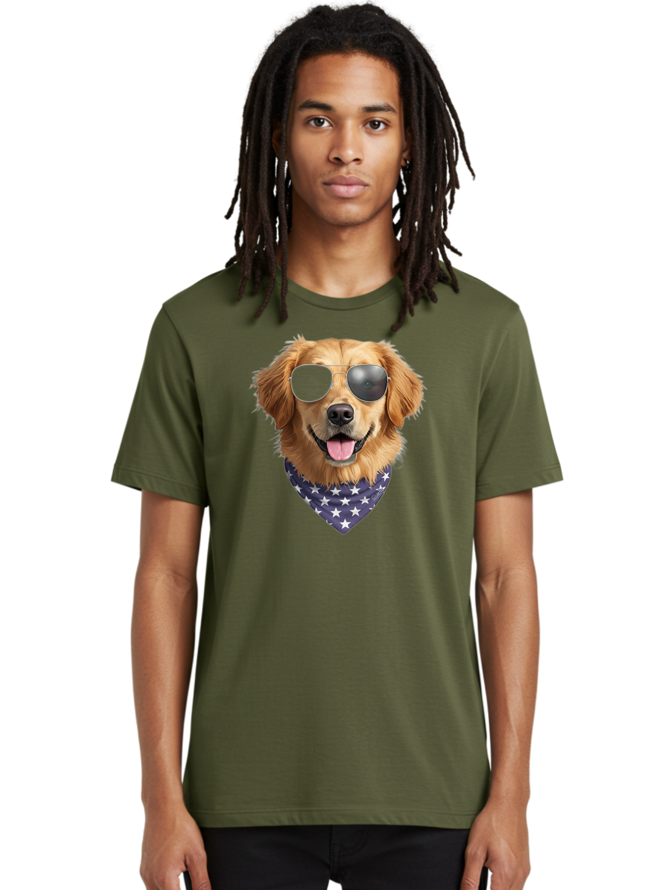 Cool-Dog-1 Men'S Graphic Tee, 100% Cotton, Comfortable Casual Summer Wear, Machine Washable, Funny Dog, Golden Retriever, Sunglasses, Patriotic Bandana, White Stars, Cool Canine, Dog Portrait, Stylish Pet, Playful Pup, American Flag Style Bab812