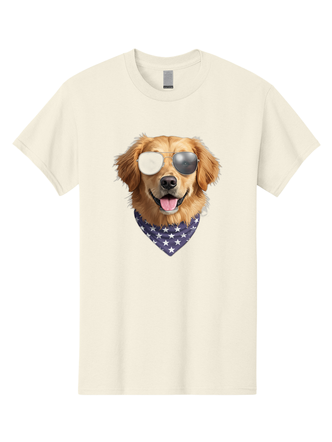 Cool-Dog-1 Men'S Graphic Tee, 100% Cotton, Comfortable Casual Summer Wear, Machine Washable, Funny Dog, Golden Retriever, Sunglasses, Patriotic Bandana, White Stars, Cool Canine, Dog Portrait, Stylish Pet, Playful Pup, American Flag Style Bab812
