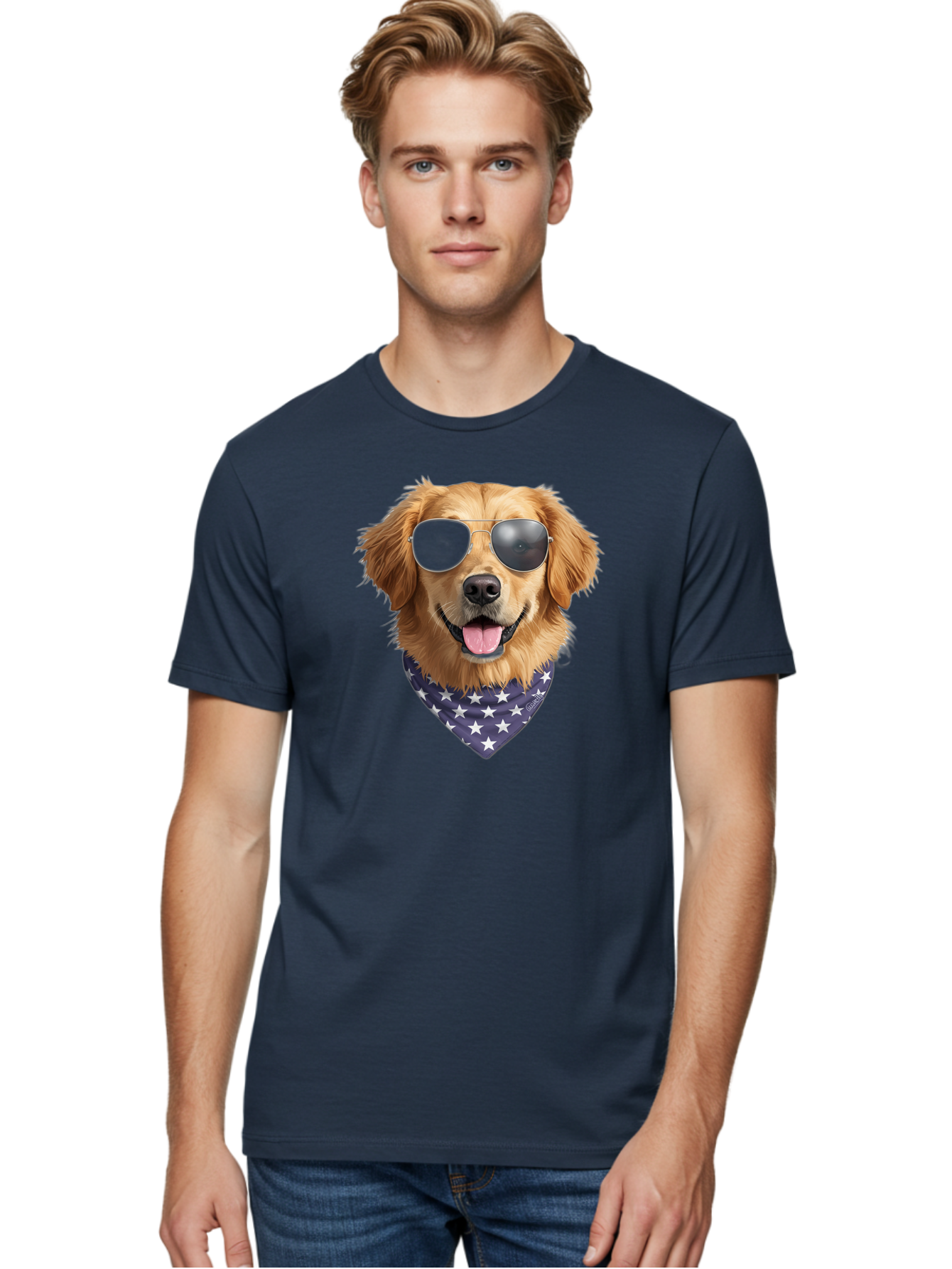 Cool-Dog-1 Men'S Graphic Tee, 100% Cotton, Comfortable Casual Summer Wear, Machine Washable, Funny Dog, Golden Retriever, Sunglasses, Patriotic Bandana, White Stars, Cool Canine, Dog Portrait, Stylish Pet, Playful Pup, American Flag Style Bab812