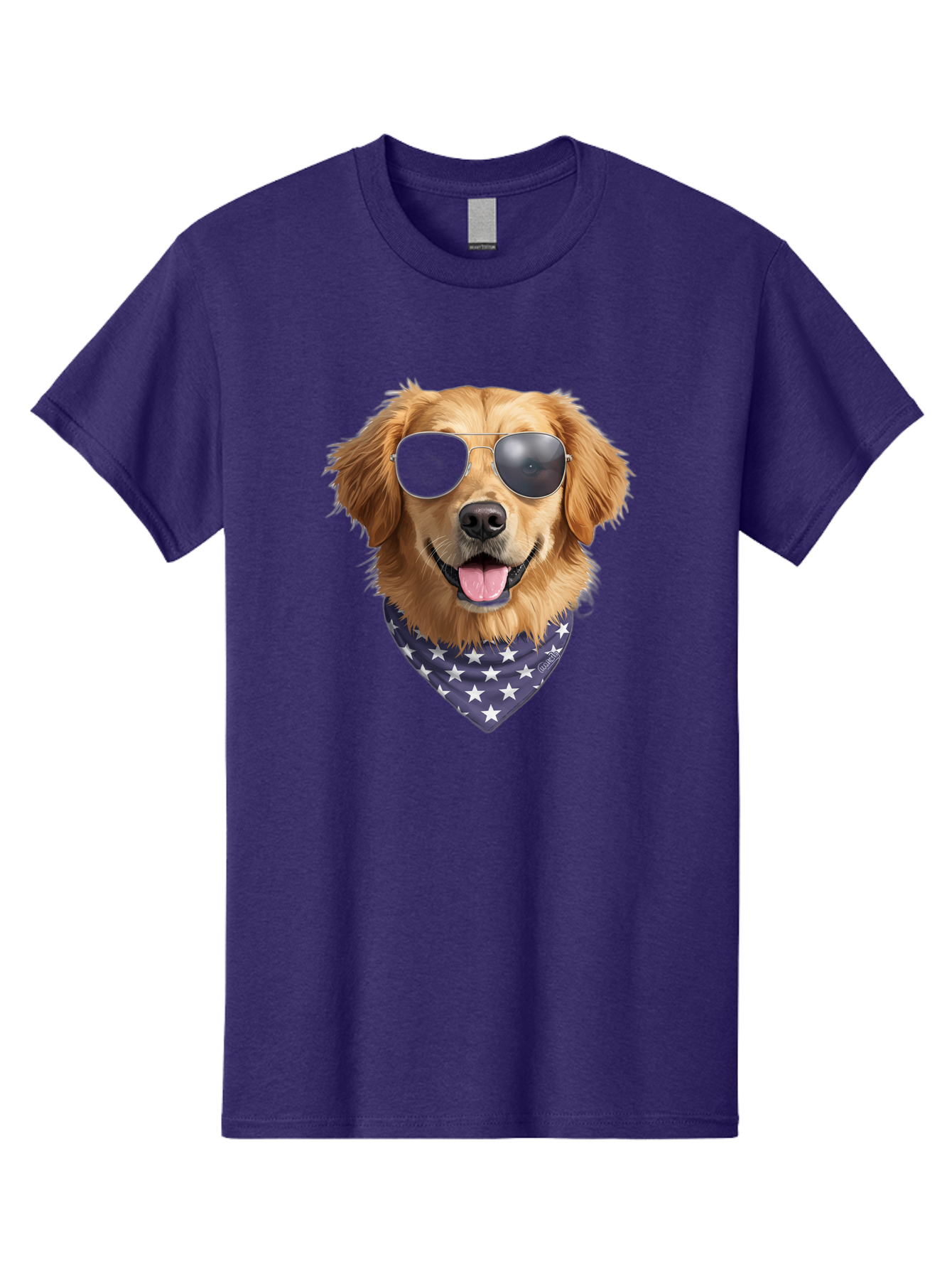 Cool-Dog-1 Men'S Graphic Tee, 100% Cotton, Comfortable Casual Summer Wear, Machine Washable, Funny Dog, Golden Retriever, Sunglasses, Patriotic Bandana, White Stars, Cool Canine, Dog Portrait, Stylish Pet, Playful Pup, American Flag Style Bab812