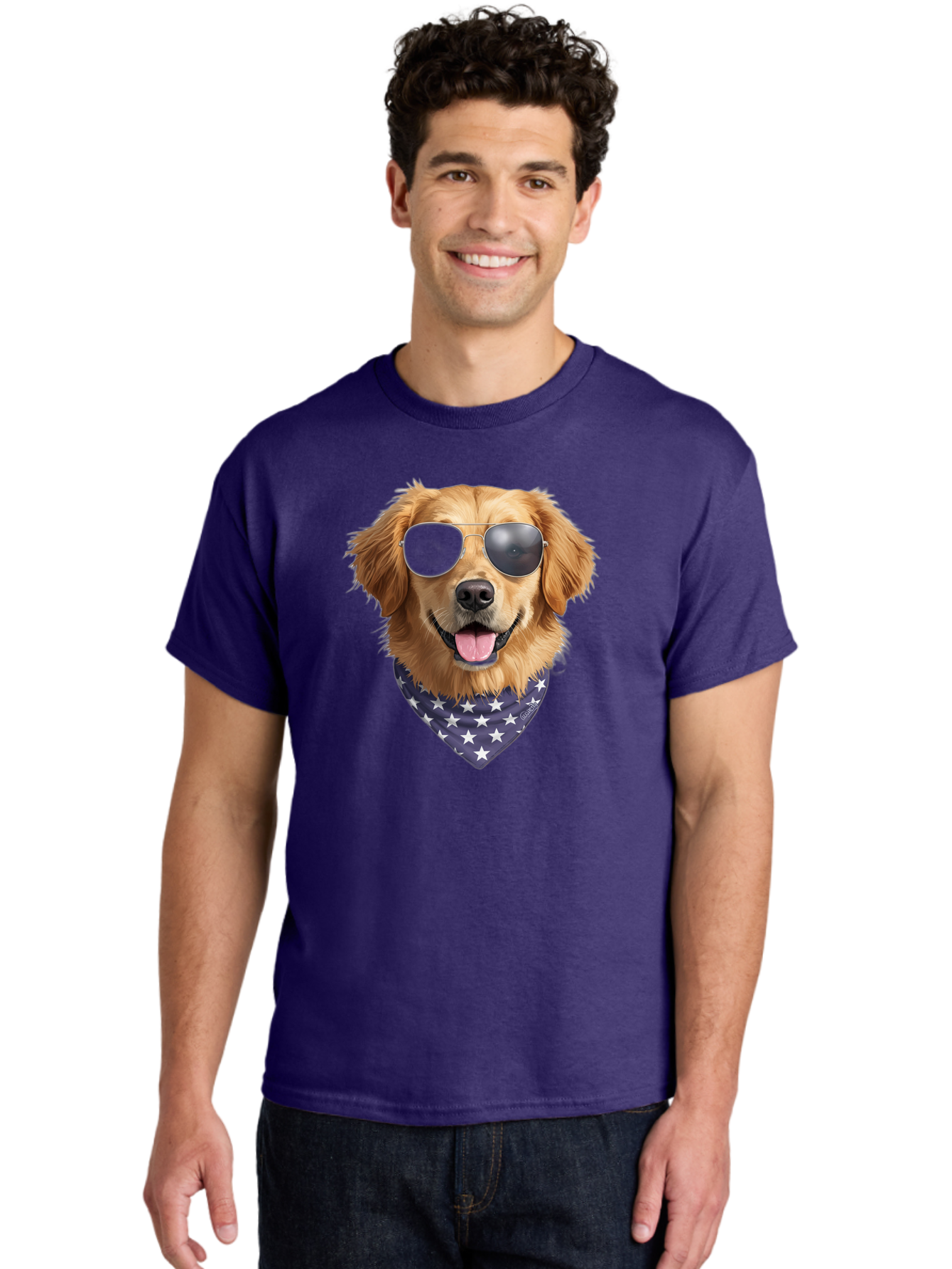 Cool-Dog-1 Men'S Graphic Tee, 100% Cotton, Comfortable Casual Summer Wear, Machine Washable, Funny Dog, Golden Retriever, Sunglasses, Patriotic Bandana, White Stars, Cool Canine, Dog Portrait, Stylish Pet, Playful Pup, American Flag Style Bab812