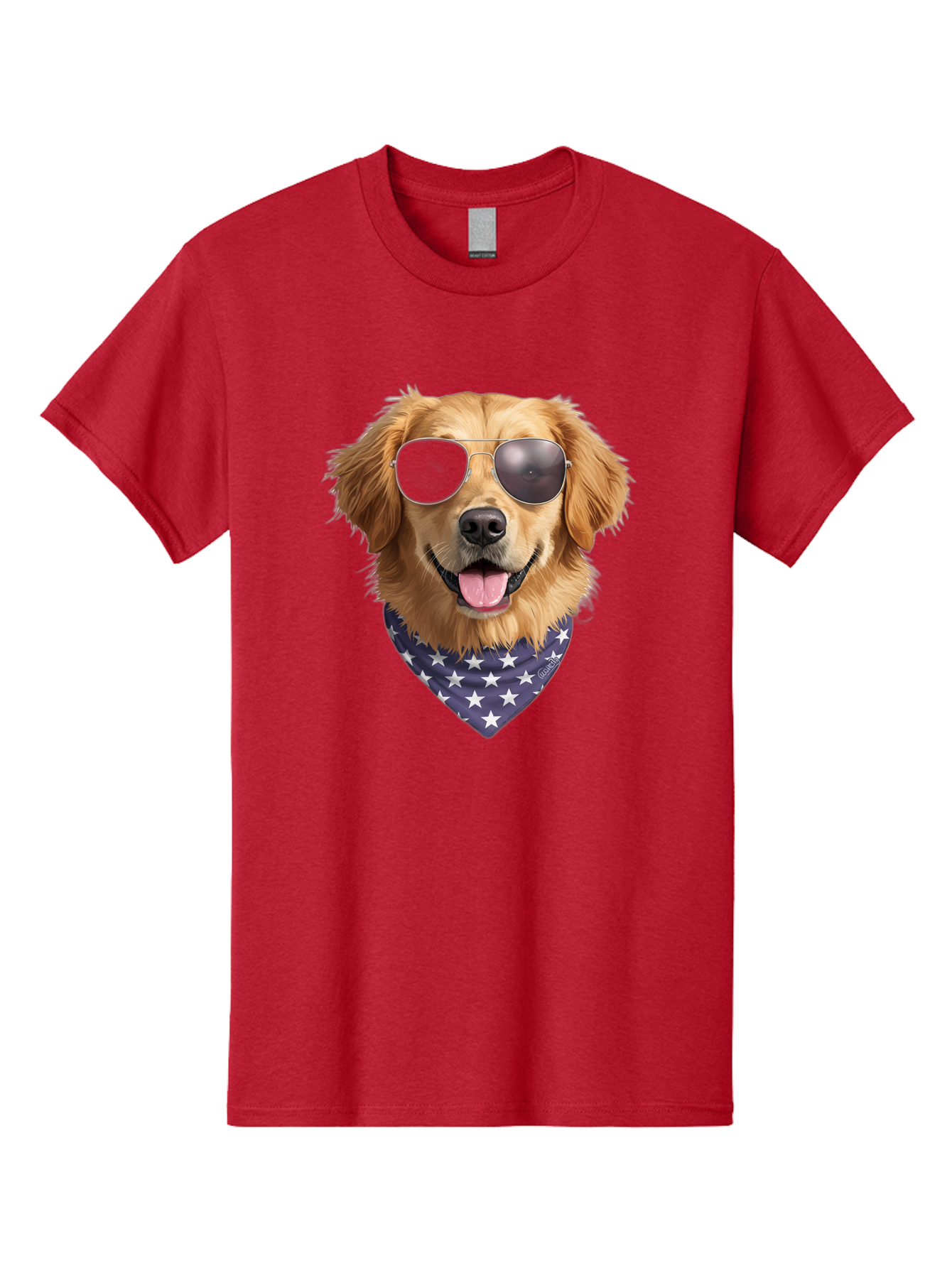Cool-Dog-1 Men'S Graphic Tee, 100% Cotton, Comfortable Casual Summer Wear, Machine Washable, Funny Dog, Golden Retriever, Sunglasses, Patriotic Bandana, White Stars, Cool Canine, Dog Portrait, Stylish Pet, Playful Pup, American Flag Style Bab812