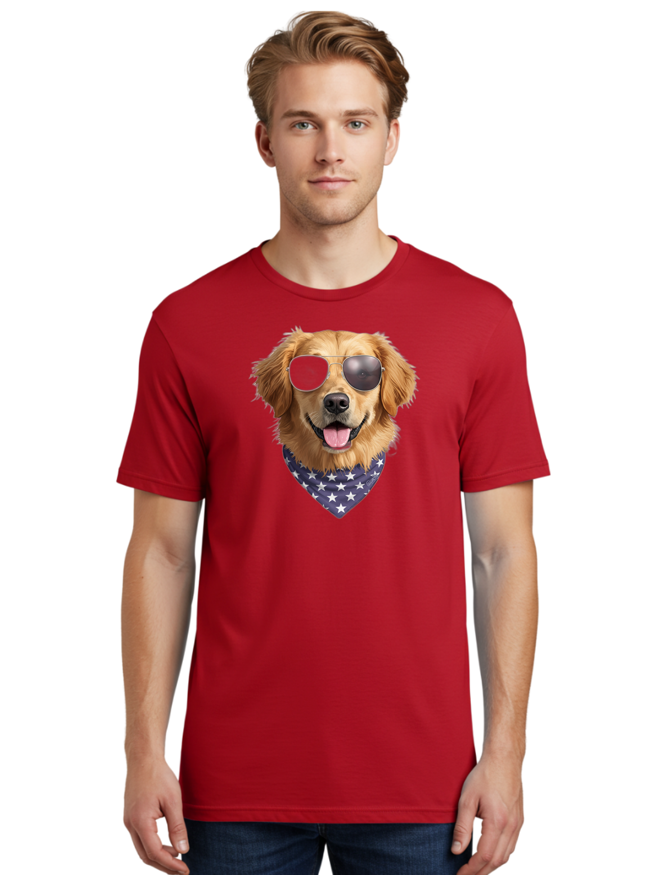 Cool-Dog-1 Men'S Graphic Tee, 100% Cotton, Comfortable Casual Summer Wear, Machine Washable, Funny Dog, Golden Retriever, Sunglasses, Patriotic Bandana, White Stars, Cool Canine, Dog Portrait, Stylish Pet, Playful Pup, American Flag Style Bab812