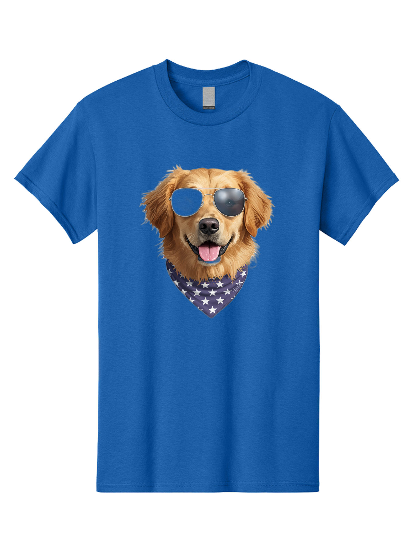 Cool-Dog-1 Men'S Graphic Tee, 100% Cotton, Comfortable Casual Summer Wear, Machine Washable, Funny Dog, Golden Retriever, Sunglasses, Patriotic Bandana, White Stars, Cool Canine, Dog Portrait, Stylish Pet, Playful Pup, American Flag Style Bab812