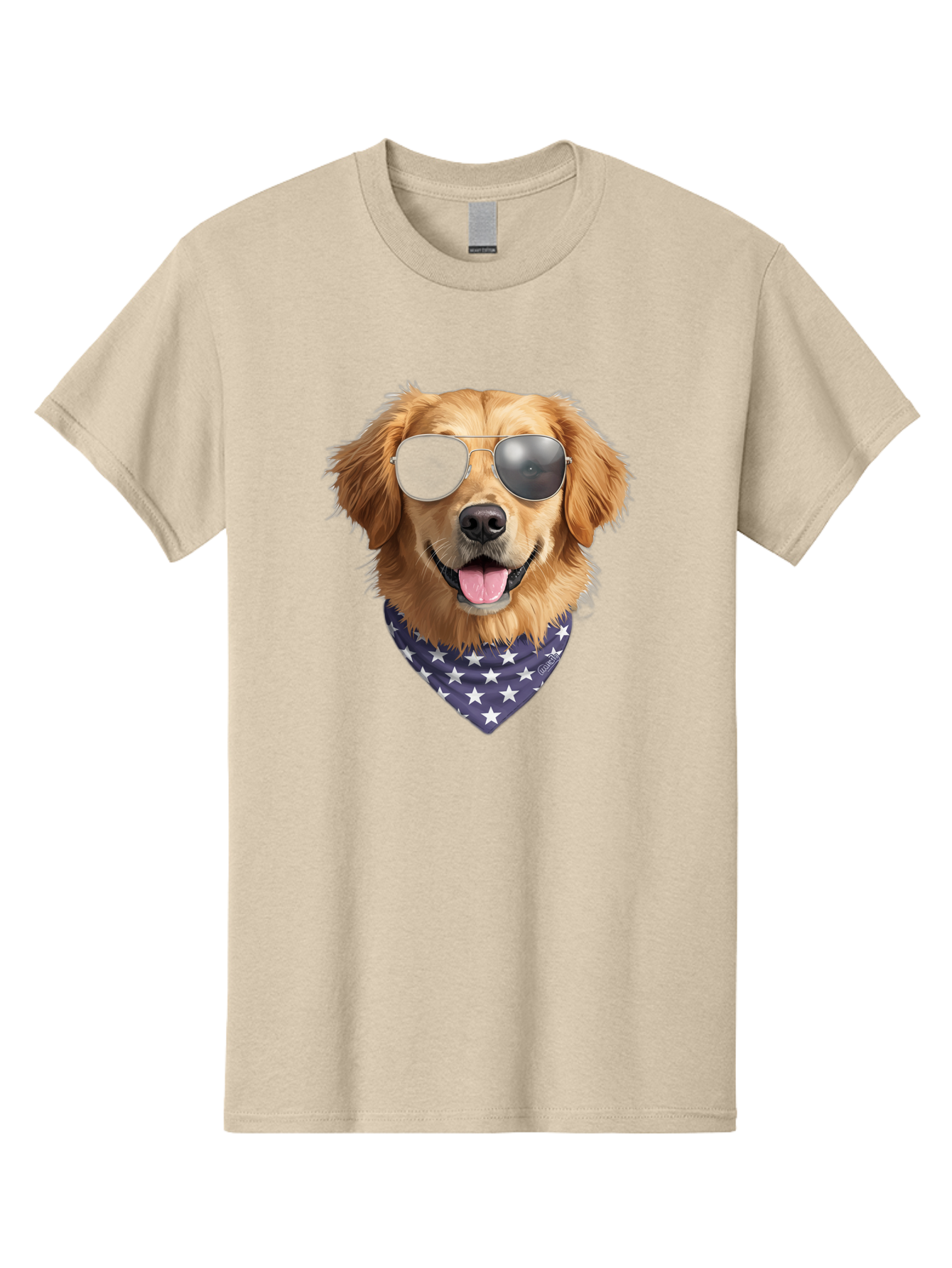 Cool-Dog-1 Men'S Graphic Tee, 100% Cotton, Comfortable Casual Summer Wear, Machine Washable, Funny Dog, Golden Retriever, Sunglasses, Patriotic Bandana, White Stars, Cool Canine, Dog Portrait, Stylish Pet, Playful Pup, American Flag Style Bab812