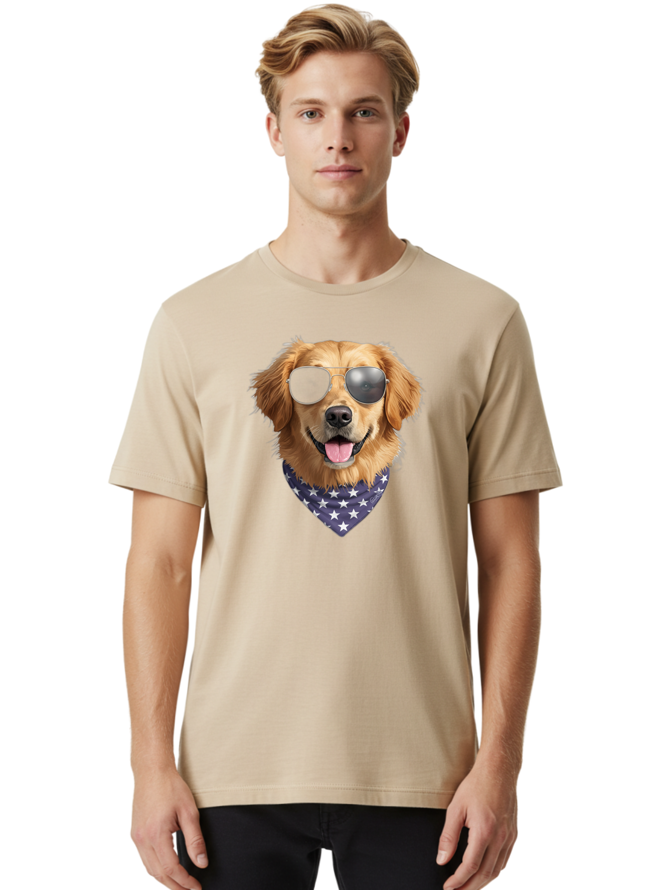 Cool-Dog-1 Men'S Graphic Tee, 100% Cotton, Comfortable Casual Summer Wear, Machine Washable, Funny Dog, Golden Retriever, Sunglasses, Patriotic Bandana, White Stars, Cool Canine, Dog Portrait, Stylish Pet, Playful Pup, American Flag Style Bab812