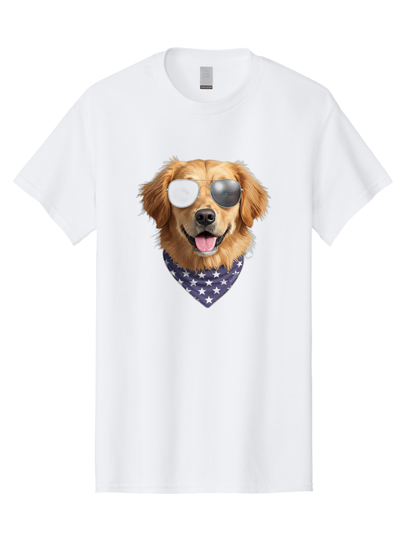 Cool-Dog-1 Men'S Graphic Tee, 100% Cotton, Comfortable Casual Summer Wear, Machine Washable, Funny Dog, Golden Retriever, Sunglasses, Patriotic Bandana, White Stars, Cool Canine, Dog Portrait, Stylish Pet, Playful Pup, American Flag Style Bab812