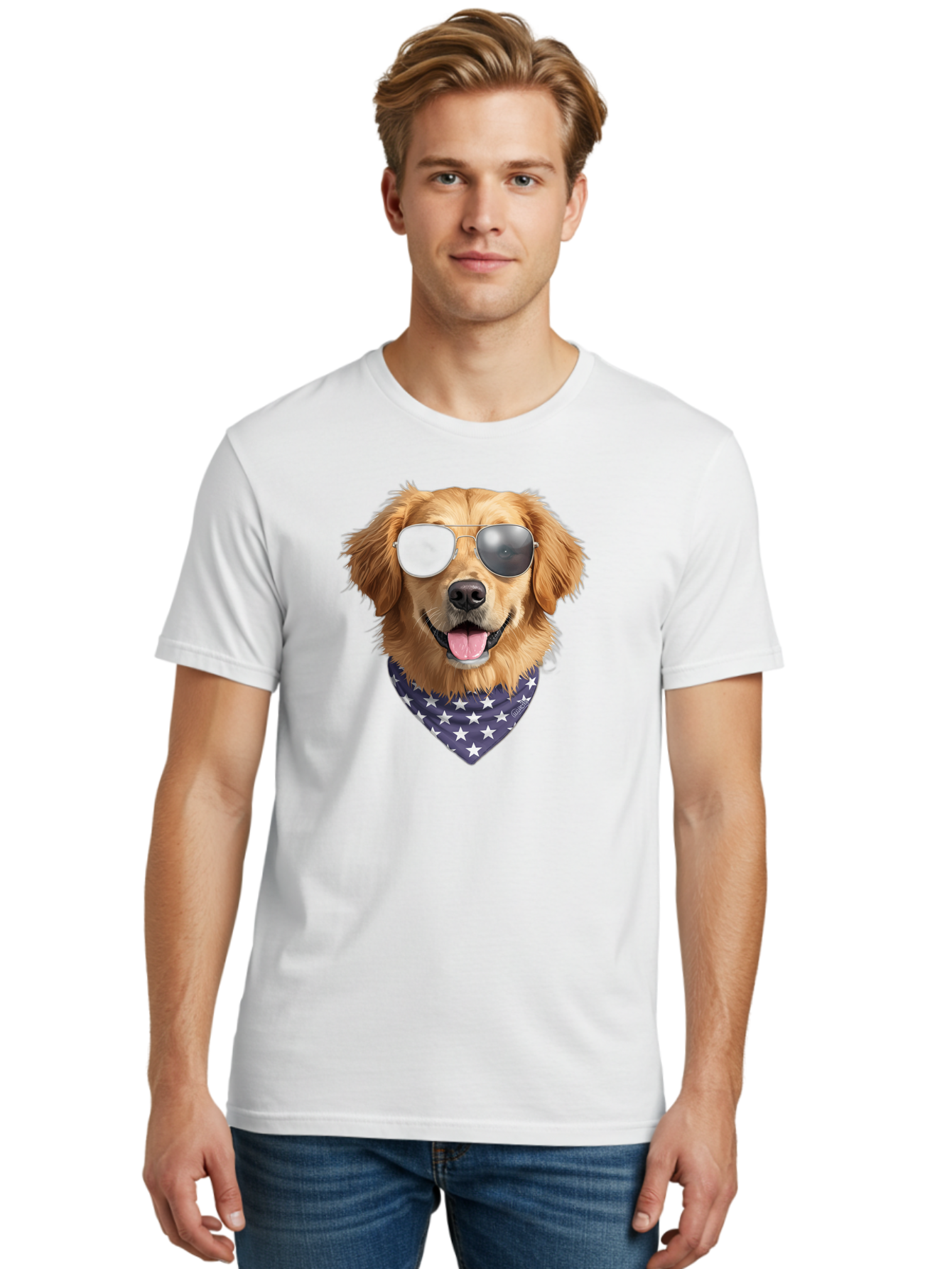 Cool-Dog-1 Men'S Graphic Tee, 100% Cotton, Comfortable Casual Summer Wear, Machine Washable, Funny Dog, Golden Retriever, Sunglasses, Patriotic Bandana, White Stars, Cool Canine, Dog Portrait, Stylish Pet, Playful Pup, American Flag Style Bab812