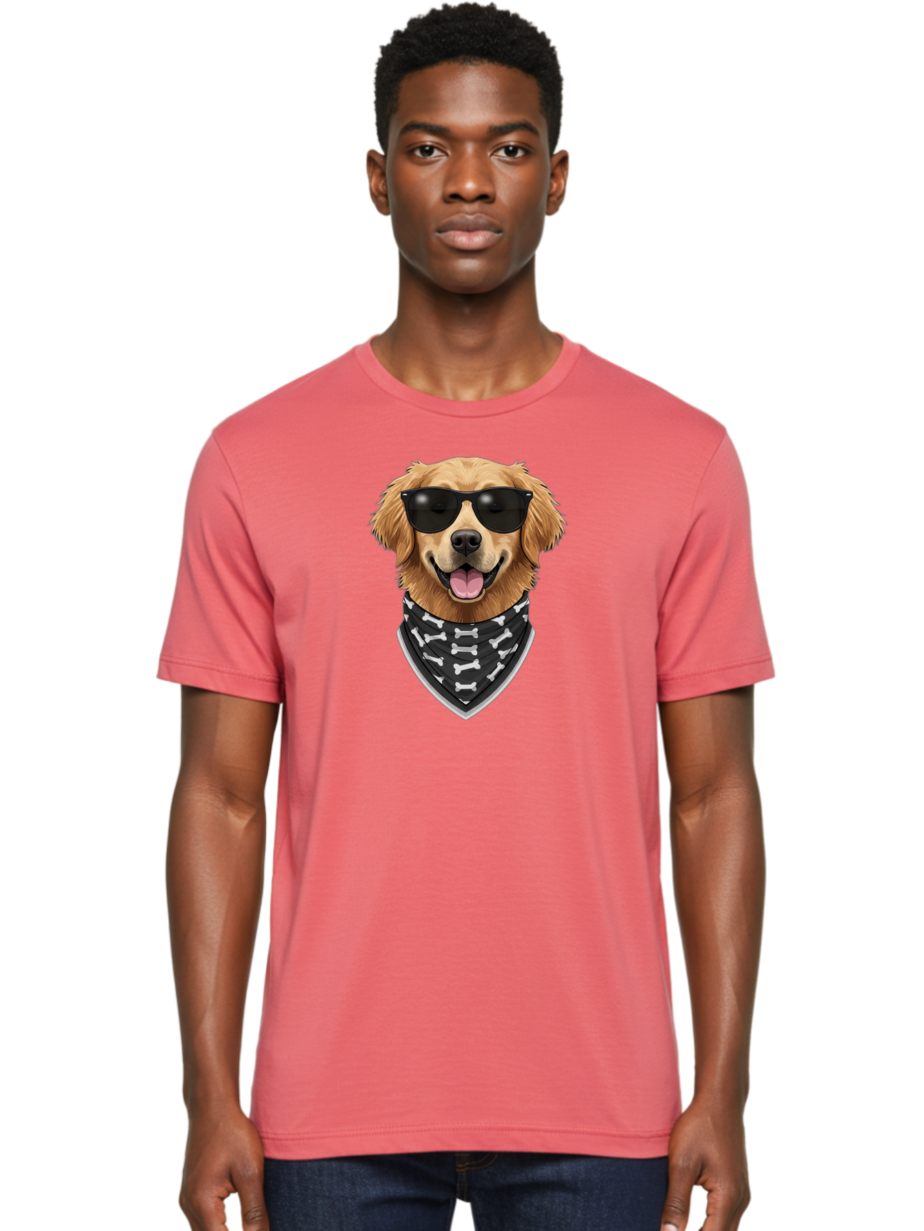 Cool-Dog-2 Men'S Graphic Tee, 100% Cotton, Comfortable Casual Summer Wear, Machine Washable, Golden Retriever Dog, Sunglasses, Bandana, Bone Pattern, Dog Fashion, Cool Dog, Cartoon Style, Humor, Fun Design Bab813