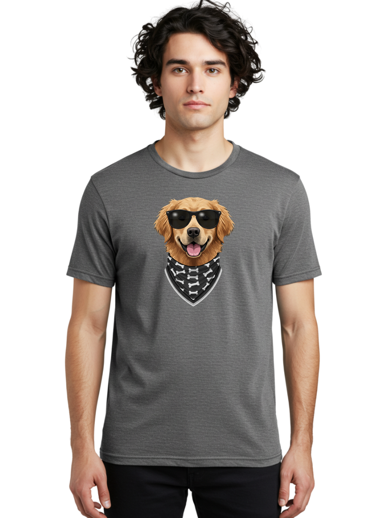 Cool-Dog-2 Men'S Graphic Tee, 100% Cotton, Comfortable Casual Summer Wear, Machine Washable, Golden Retriever Dog, Sunglasses, Bandana, Bone Pattern, Dog Fashion, Cool Dog, Cartoon Style, Humor, Fun Design Bab813
