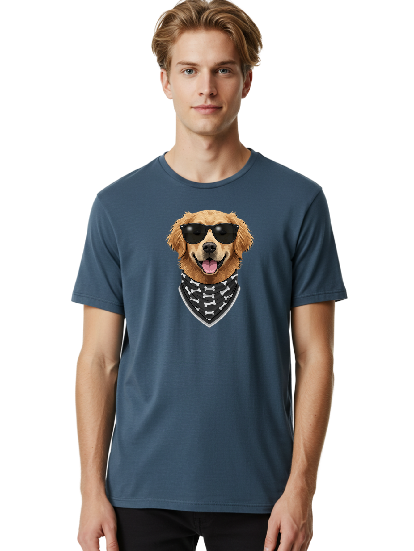 Cool-Dog-2 Men'S Graphic Tee, 100% Cotton, Comfortable Casual Summer Wear, Machine Washable, Golden Retriever Dog, Sunglasses, Bandana, Bone Pattern, Dog Fashion, Cool Dog, Cartoon Style, Humor, Fun Design Bab813