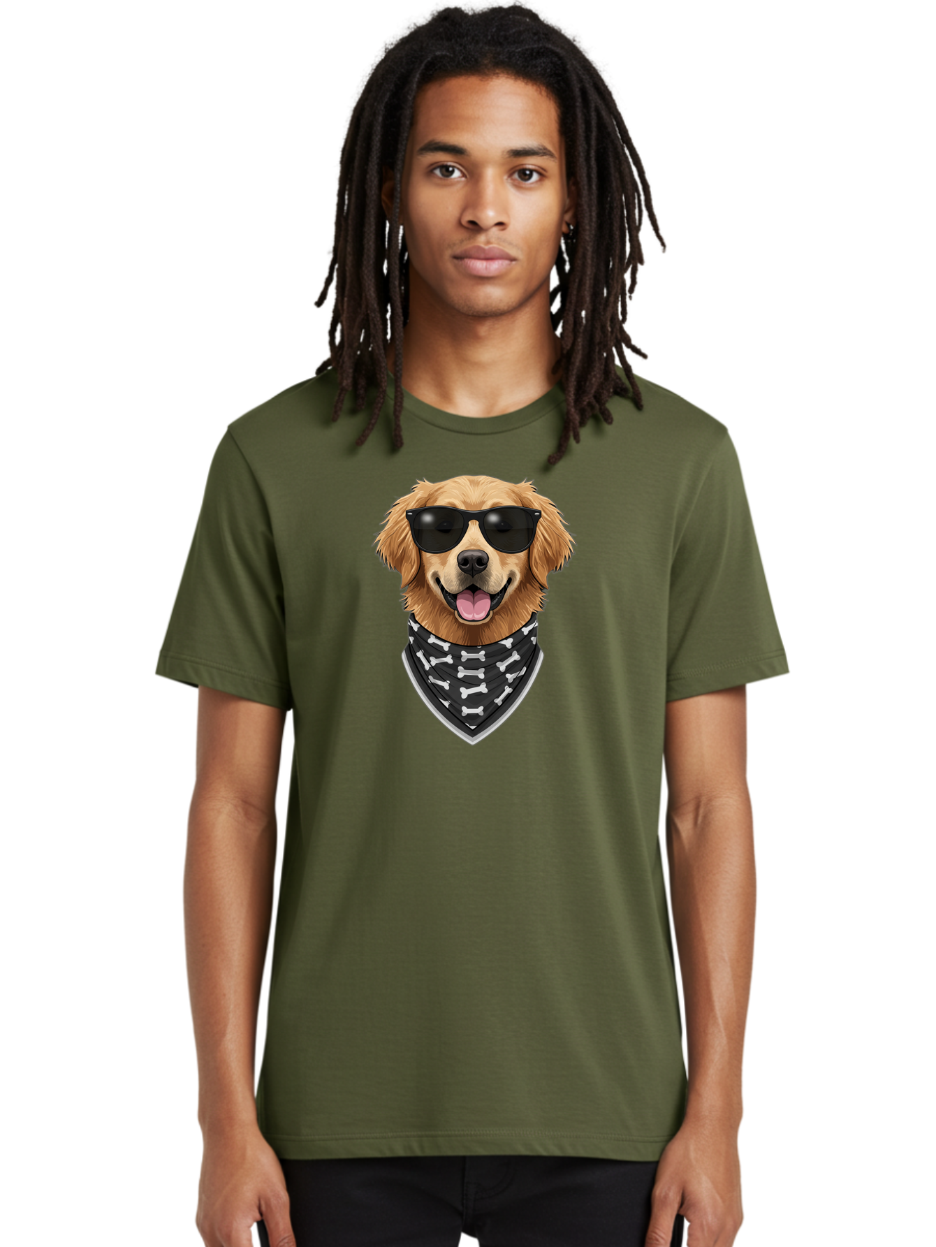 Cool-Dog-2 Men'S Graphic Tee, 100% Cotton, Comfortable Casual Summer Wear, Machine Washable, Golden Retriever Dog, Sunglasses, Bandana, Bone Pattern, Dog Fashion, Cool Dog, Cartoon Style, Humor, Fun Design Bab813