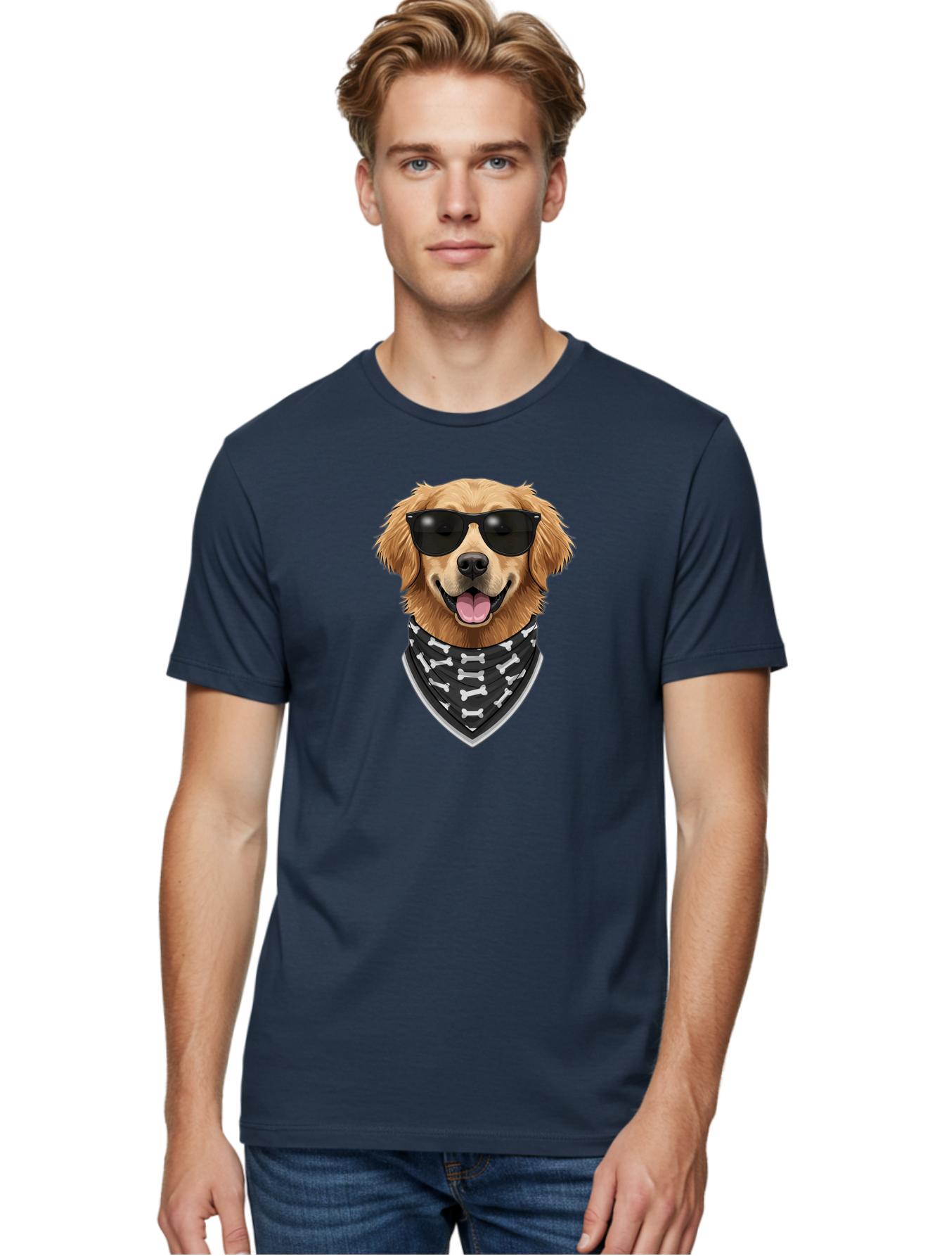 Cool-Dog-2 Men'S Graphic Tee, 100% Cotton, Comfortable Casual Summer Wear, Machine Washable, Golden Retriever Dog, Sunglasses, Bandana, Bone Pattern, Dog Fashion, Cool Dog, Cartoon Style, Humor, Fun Design Bab813