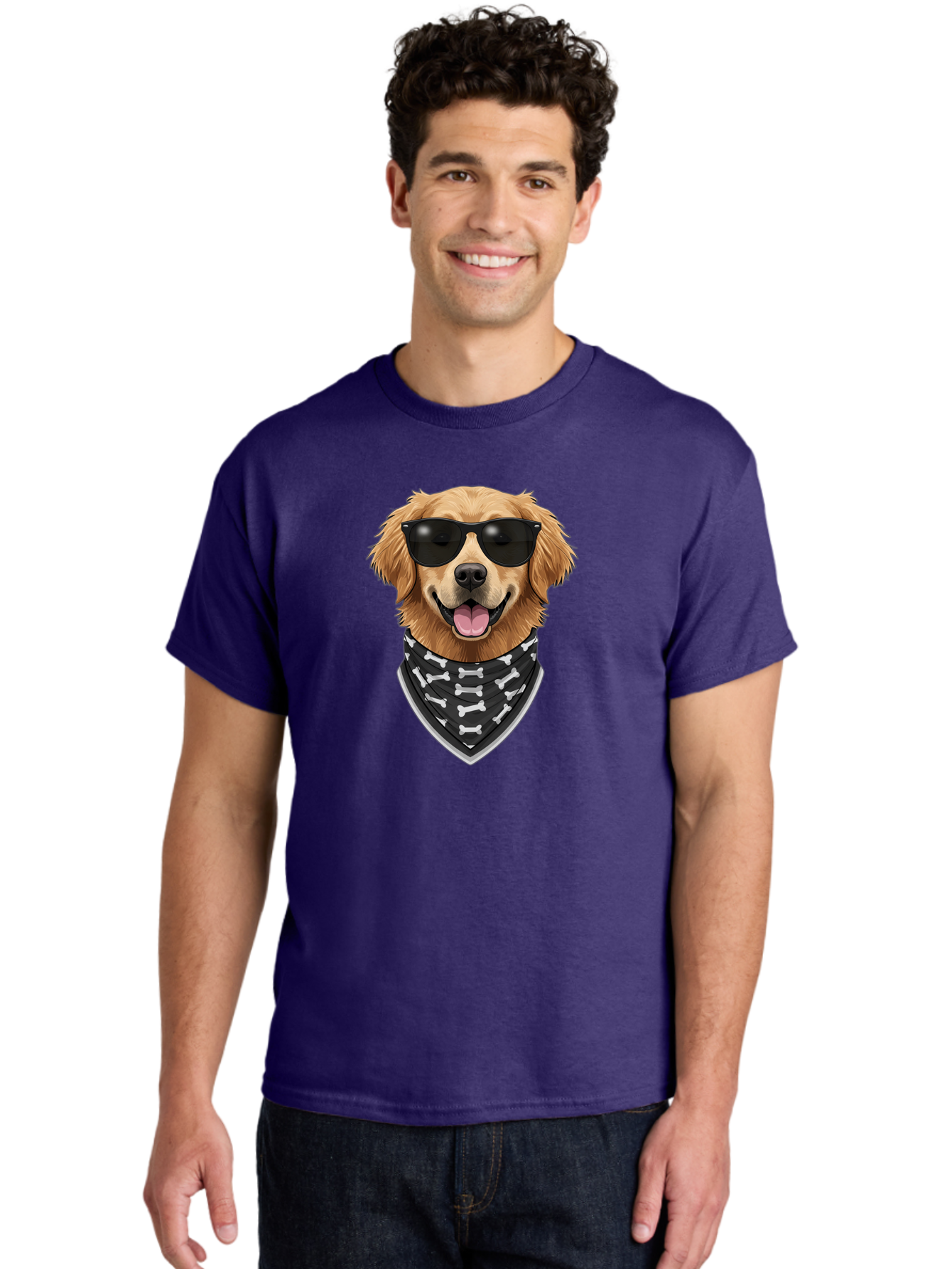 Cool-Dog-2 Men'S Graphic Tee, 100% Cotton, Comfortable Casual Summer Wear, Machine Washable, Golden Retriever Dog, Sunglasses, Bandana, Bone Pattern, Dog Fashion, Cool Dog, Cartoon Style, Humor, Fun Design Bab813