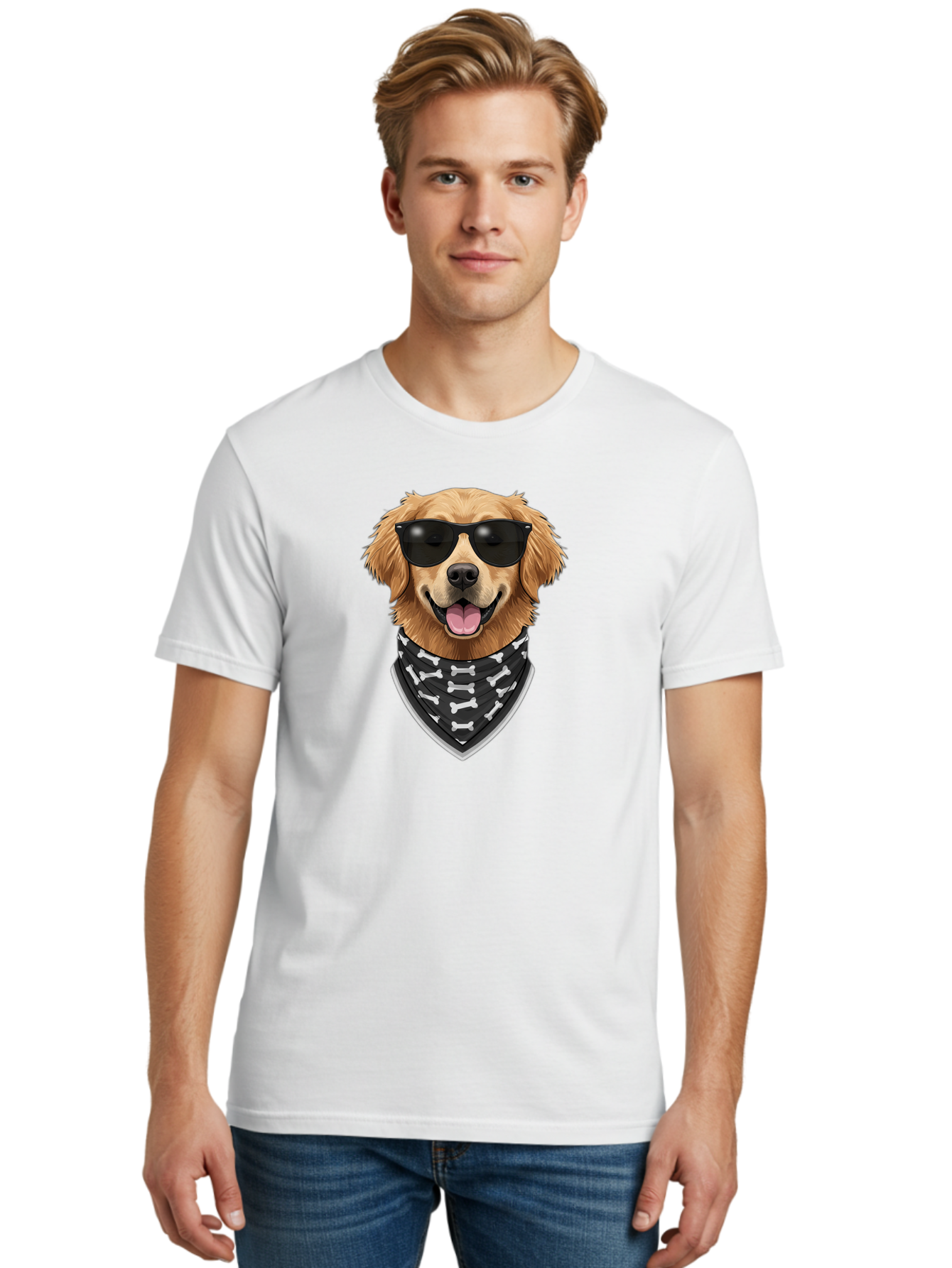 Cool-Dog-2 Men'S Graphic Tee, 100% Cotton, Comfortable Casual Summer Wear, Machine Washable, Golden Retriever Dog, Sunglasses, Bandana, Bone Pattern, Dog Fashion, Cool Dog, Cartoon Style, Humor, Fun Design Bab813