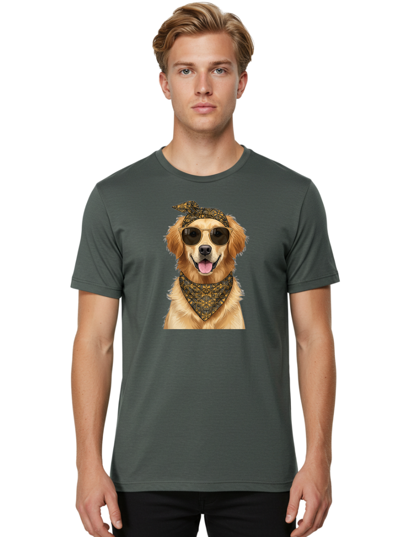 Cool-Dog-3 Men'S Graphic Tee, 100% Cotton, Comfortable Casual Summer Wear, Machine Washable, Happy Dog, Golden Retriever, Sunglasses, Bandana, Cool Dog, Furry Friend, Funky Pet, Trendy Animal, Dog Accessories, Pet Fashion Bab814