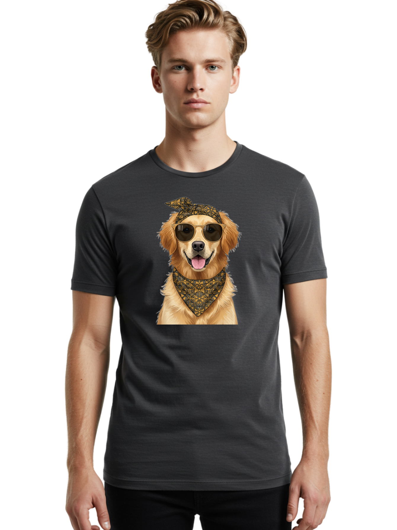 Cool-Dog-3 Men'S Graphic Tee, 100% Cotton, Comfortable Casual Summer Wear, Machine Washable, Happy Dog, Golden Retriever, Sunglasses, Bandana, Cool Dog, Furry Friend, Funky Pet, Trendy Animal, Dog Accessories, Pet Fashion Bab814